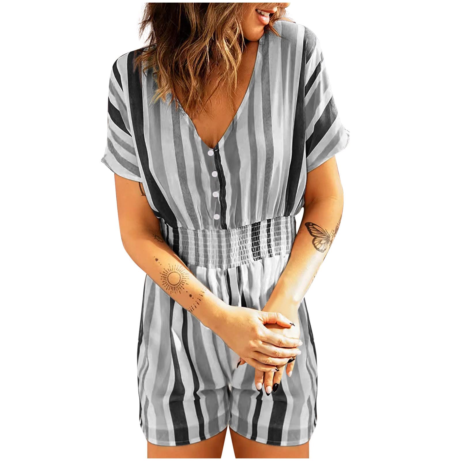 Stylish Women's Summer Jumpsuit - Ethnic Stripe Print Short Sleeve Romper with Button Front (Plus Size Available) | Perfect for Beach Vacations, Music Festivals & Casual Outings