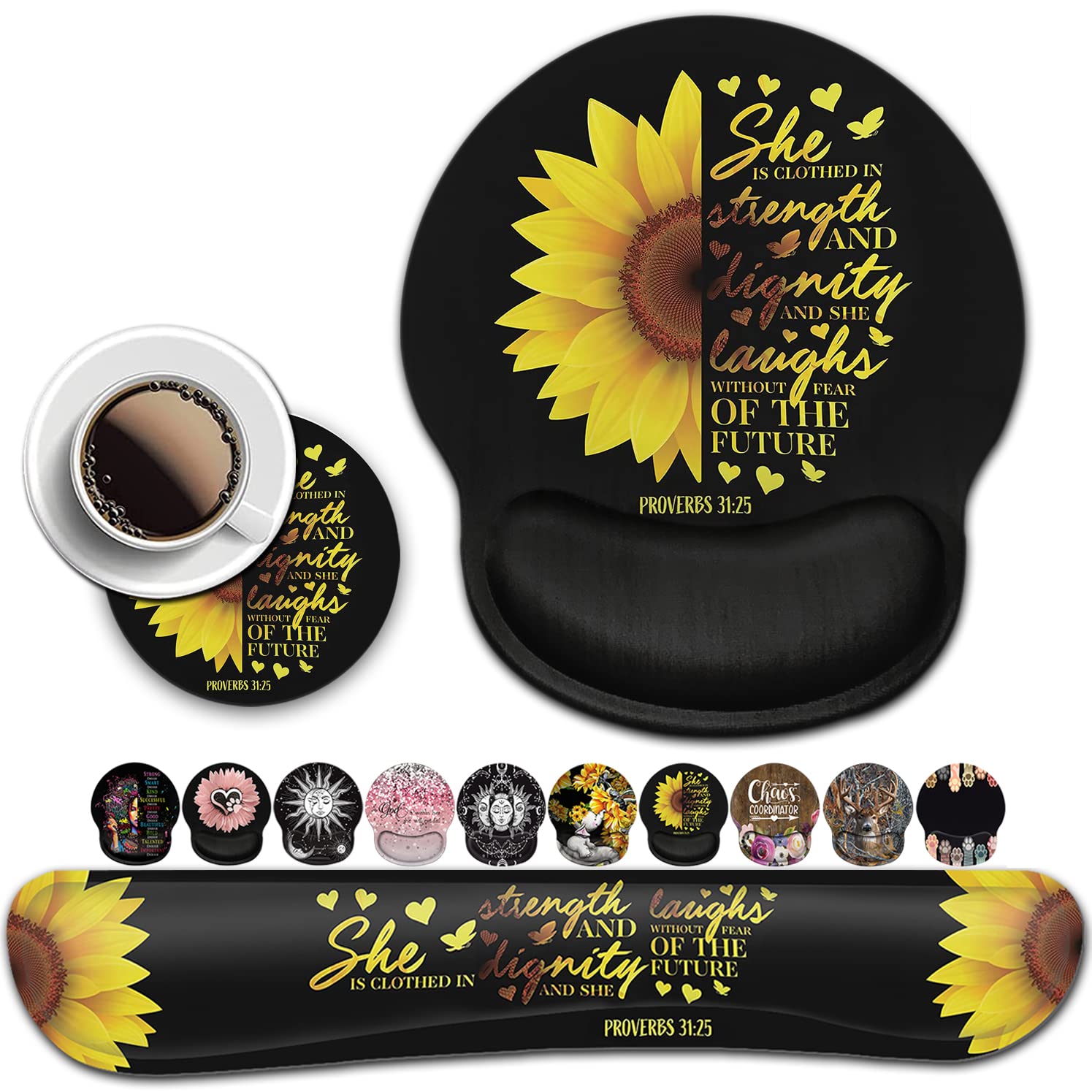 **Ergonomic Memory Foam Mouse Pad & Keyboard Wrist Rest Set - Sunflower Christian Bible Verse Design for Office, Home, Gaming - Supports Laptop & PC Comfort (Black)**    **Perfect for:** Reducing wrist strain during long work sessions, enhancing gaming precision, and adding faith-inspired decor to your workspace.