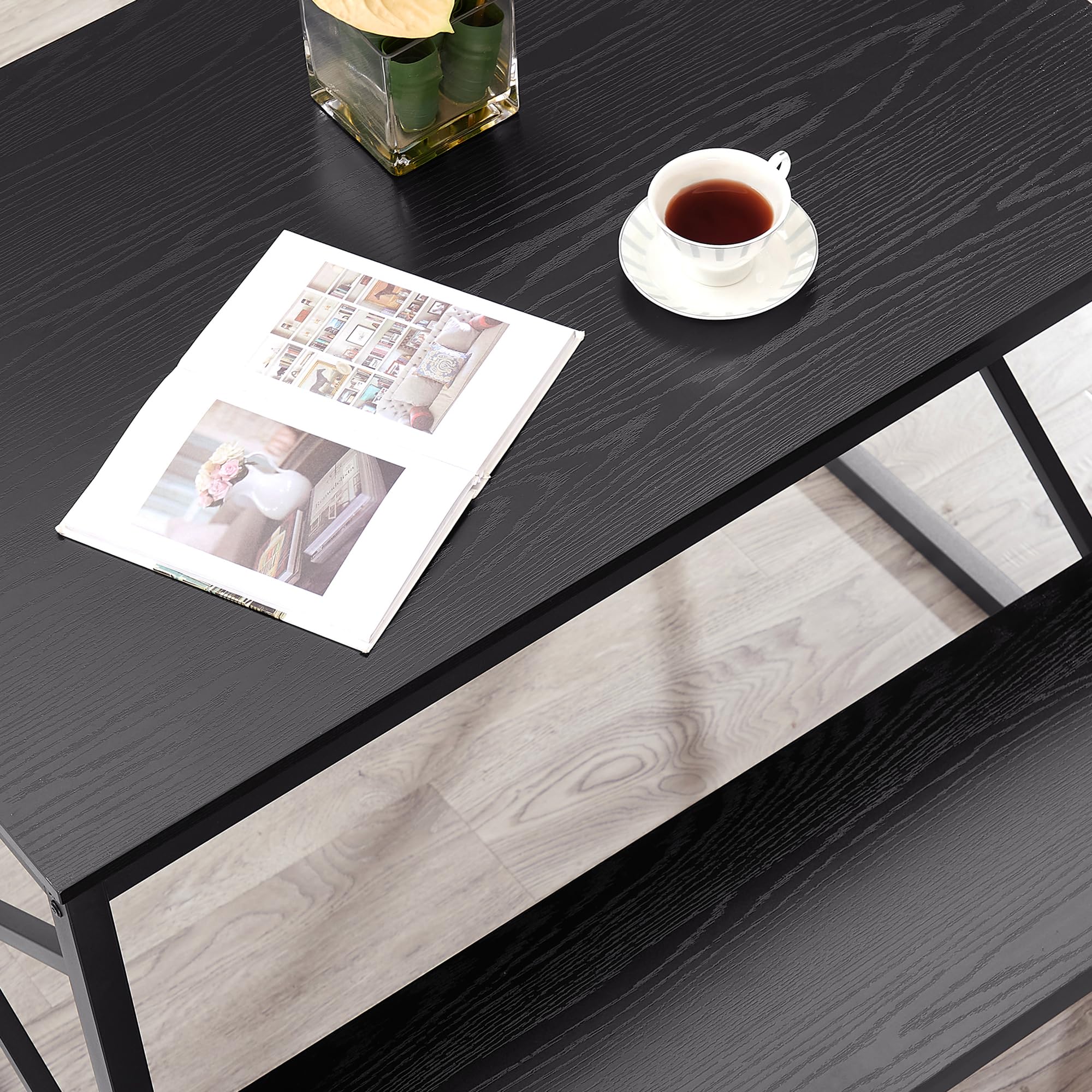 VECELO 4-Person Wood Dining Table Set with 2 Benches, Black Metal Frame Kitchen Table for Small Spaces - Perfect for Breakfast Nook, Apartment Dining & Compact Homes