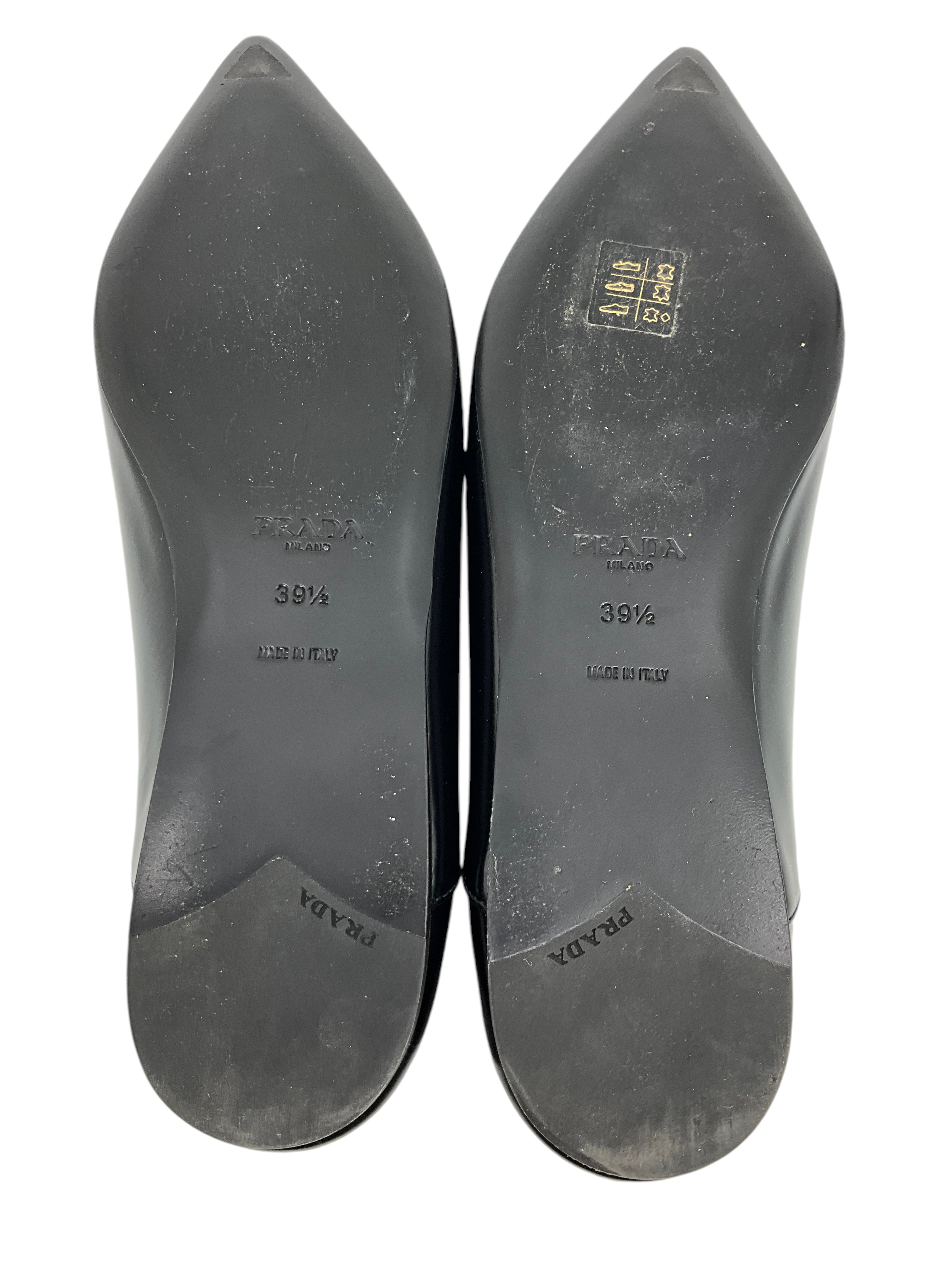 PRADA Leather Point Toe Logo Flats Women's Size 9.5 - Classic Luxury Ballet Flats for Office, Party & Everyday Wear