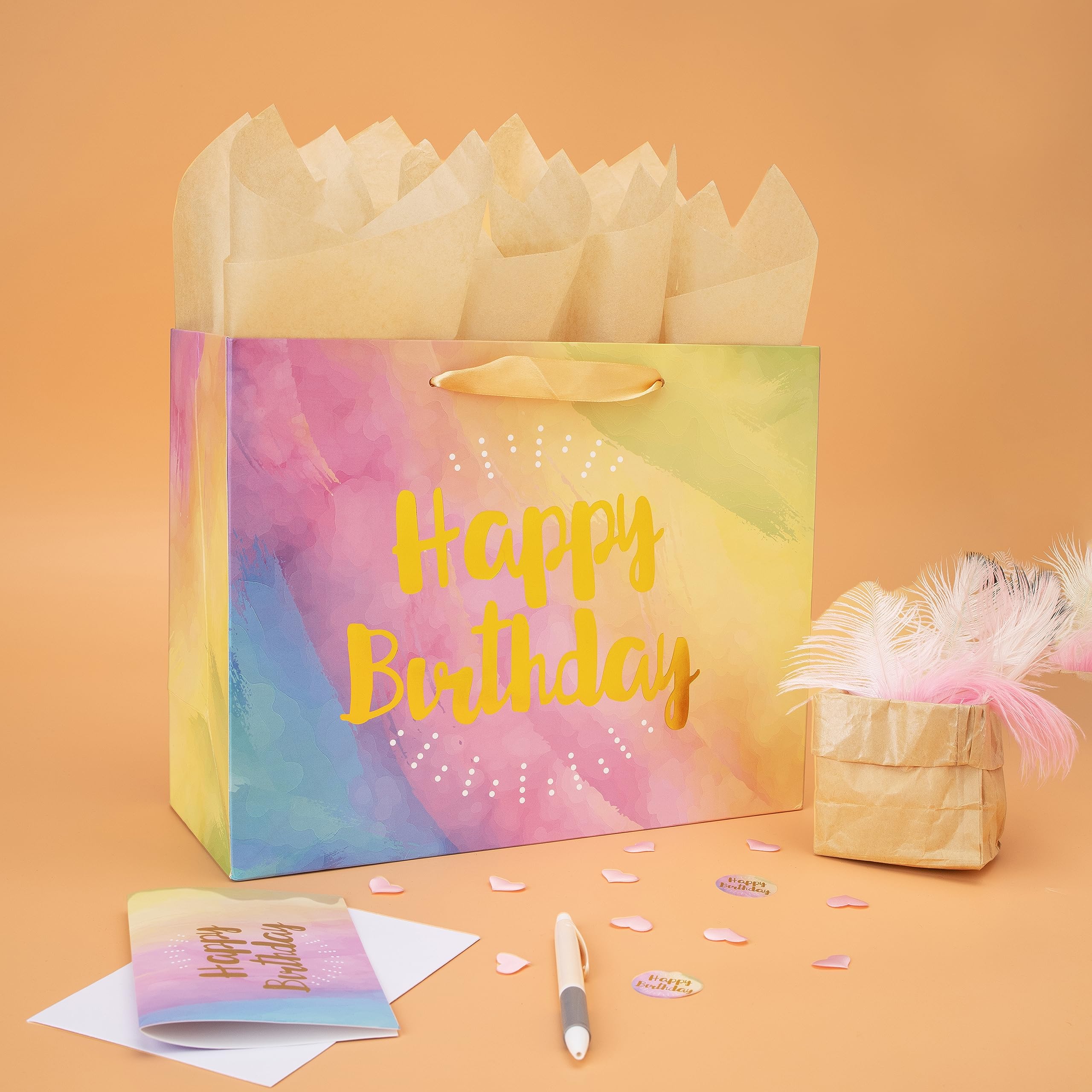 Wishinside 13-Inch Large Yellow Watercolor Gift Bag Set with Greeting Card & Tissue Paper (Gold Foil 'Happy Birthday') - Perfect for Birthdays, Baby Showers, Women, Men, Girls & Boys - Great for Party Favors, Gift Wrapping & Special Occasions