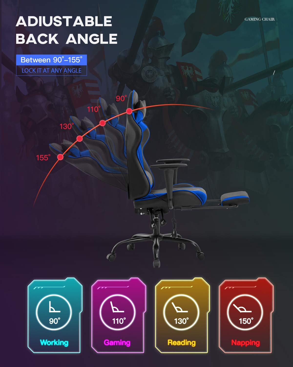 Ergonomic Gaming Chair with Headrest & Footrest - PU Leather Office Computer Desk Chair for Back Support - Adjustable Swivel Rolling Task Chair for PC Gaming, Work & Home Office Use - Blue