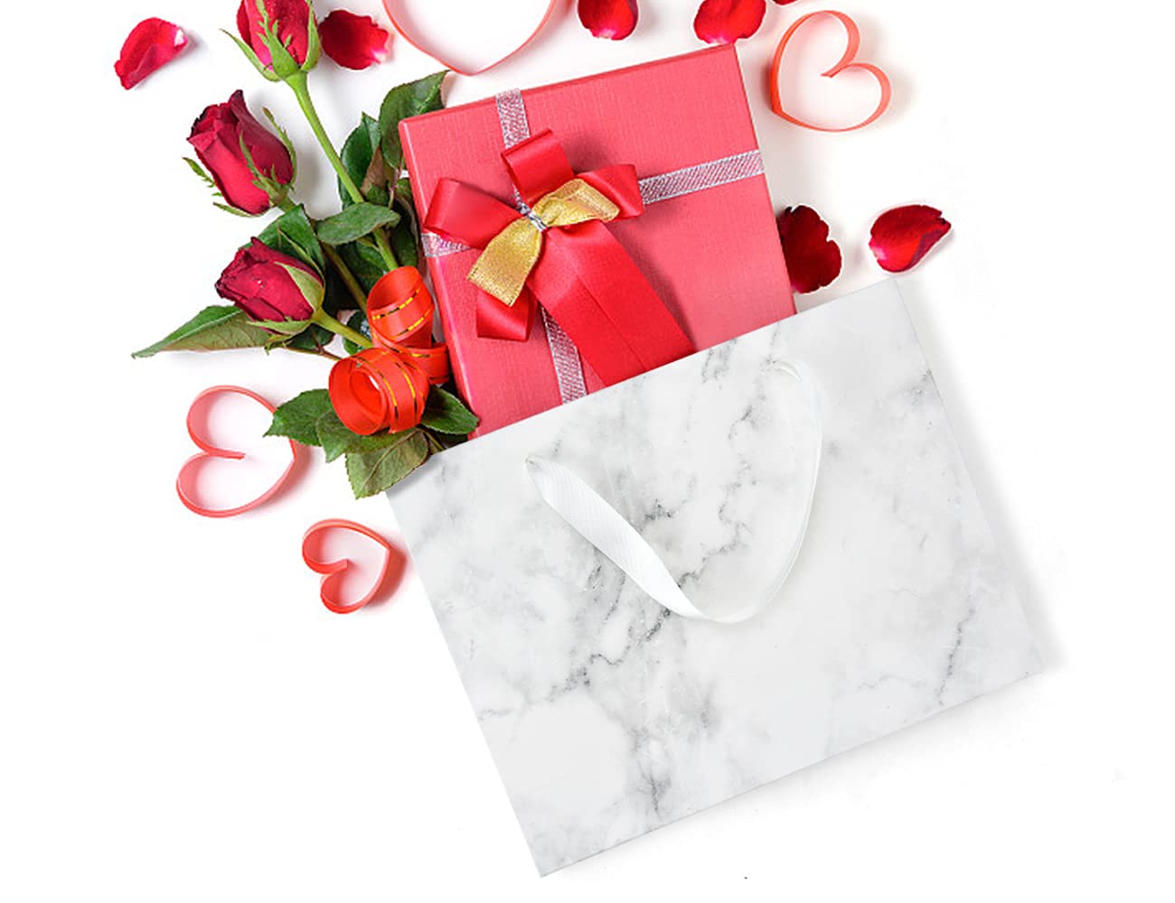 HUAPRINT Elegant Marble Paper Bags with Ribbon Handles - 20 Pack Premium Gift Bags 10.6x8.3x3.1 Inches for Wedding Favors, Party Decorations, Retail Packaging & Lunch Bags - Perfect for Bridal Showers, Birthday Gifts and Boutique Merchandise Display