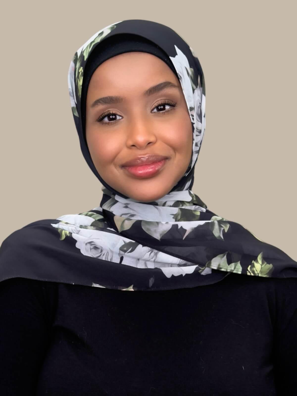 Printed Chiffon Hijab with Frosted Rosette Design - Lightweight Muslim Scarf for Women - Perfect for Daily Wear, Prayer, and Special Occasions