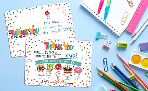 Gooji Kids Thank You Cards - 25-Piece Double-Sided Custom Postcard Set with Fill-in-the-Blank Messages | Perfect for Birthday Parties, Events & Holidays | Includes Fun Stickers (Party Treats Collection) - Great for Classroom Rewards, Teacher Appreciation & Family Celebrations