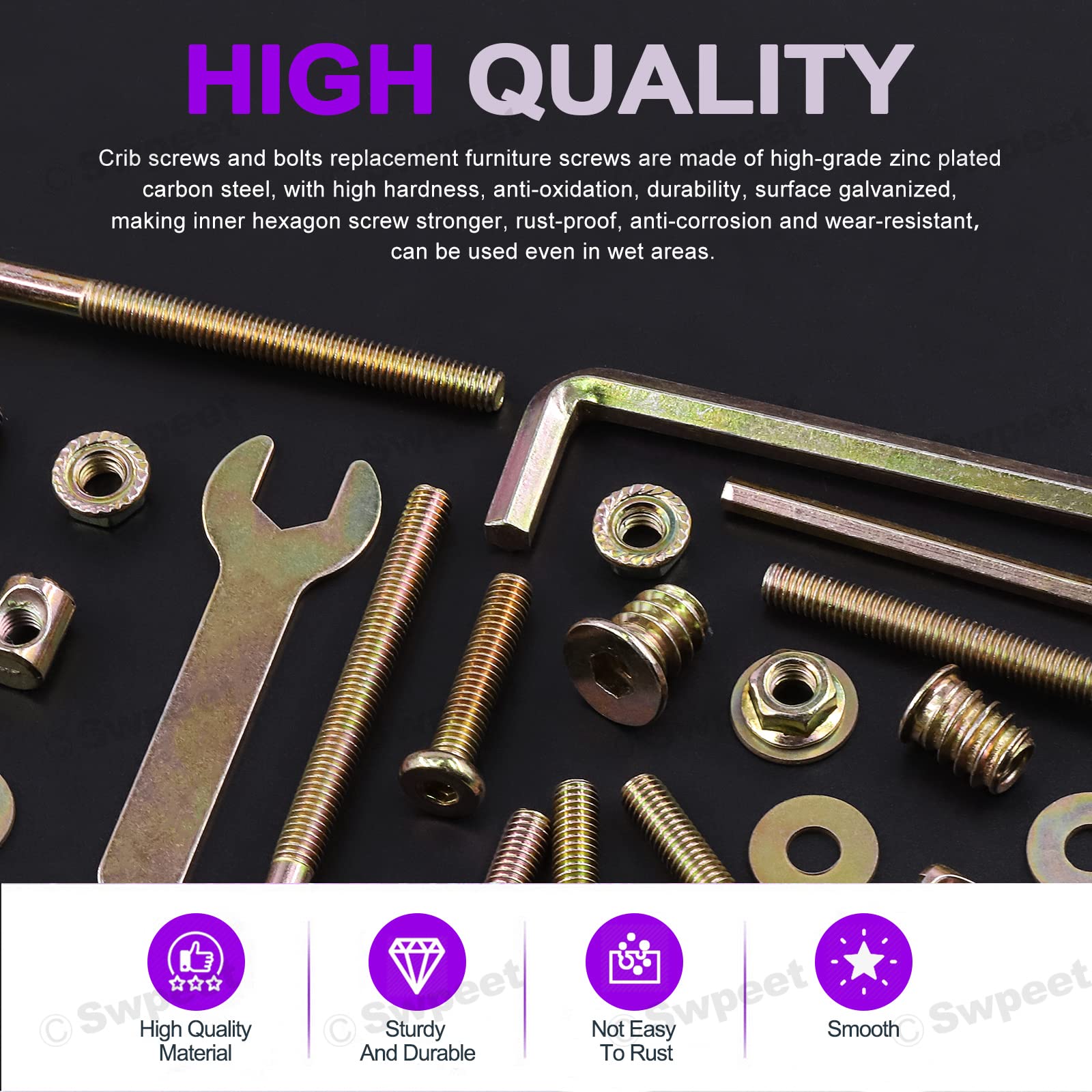 Swpeet 138-Piece M6 x 30-80mm Zinc Plated Crib Hardware Screw Kit - Hex Socket Head Cap Bolts, Barrel Nuts, Flat Washers & Flange Nuts with Threaded Inserts for Baby Crib Assembly & Furniture Repair