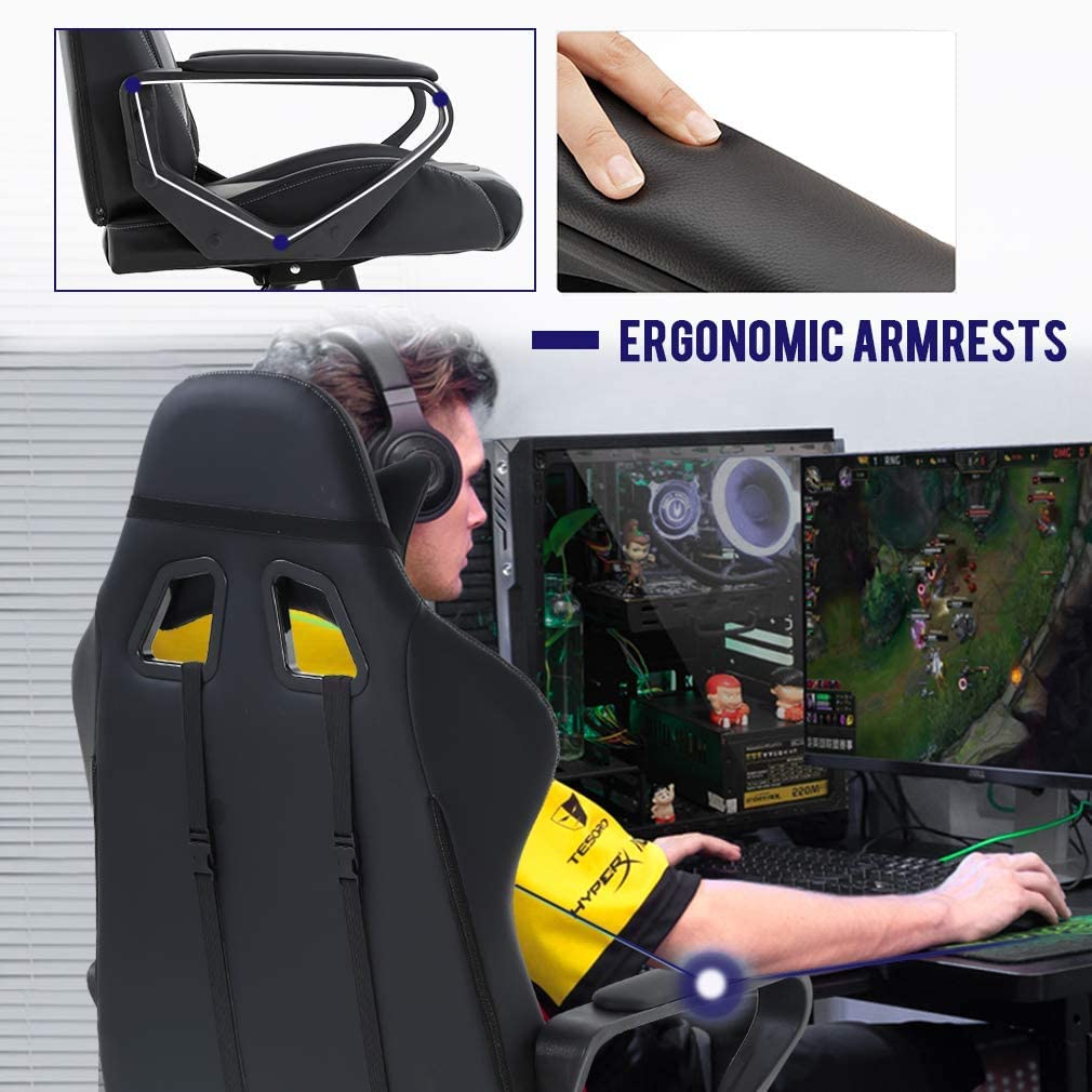 Ergonomic Gaming Chair with Headrest & Lumbar Support - Adjustable Height PU Leather Computer Desk Chair for Office, Racing & Video Games - 360° Swivel Executive Chair (Grey) - Perfect for Home Office, Gaming Setup & Esports Tournaments