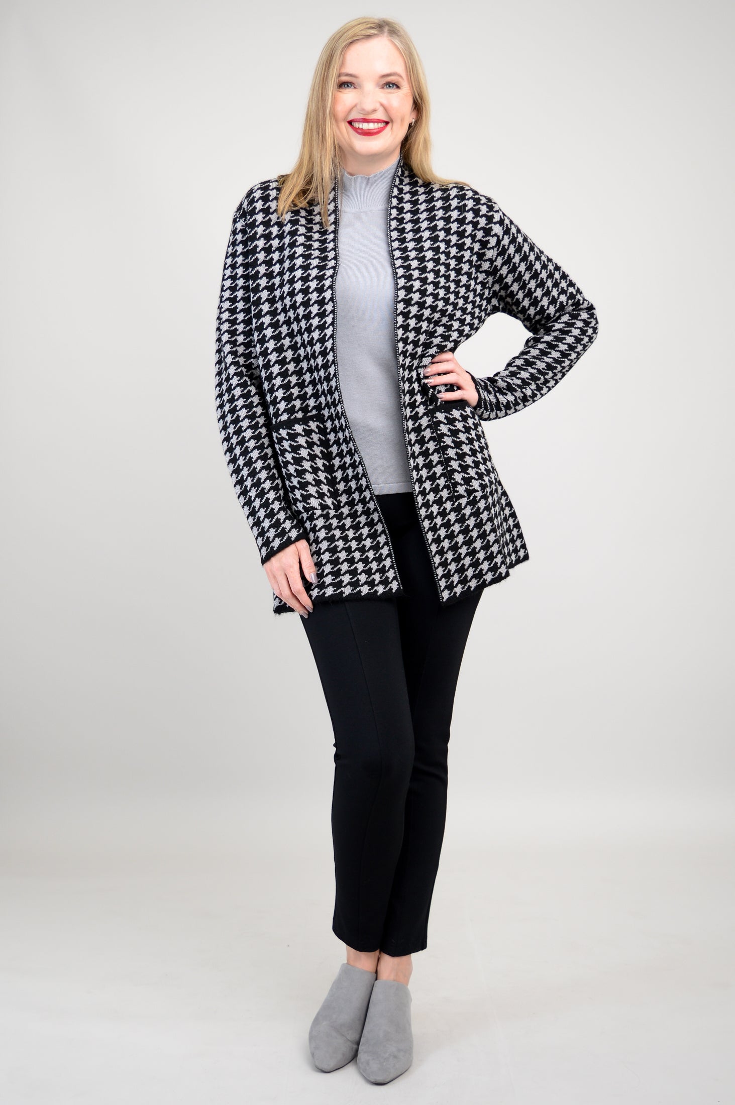 Dakota Cardigan Women's Houndstooth Pattern Cotton Wool Blend Knit Sweater for Fall & Winter - Cozy Office Wear & Casual Outfits