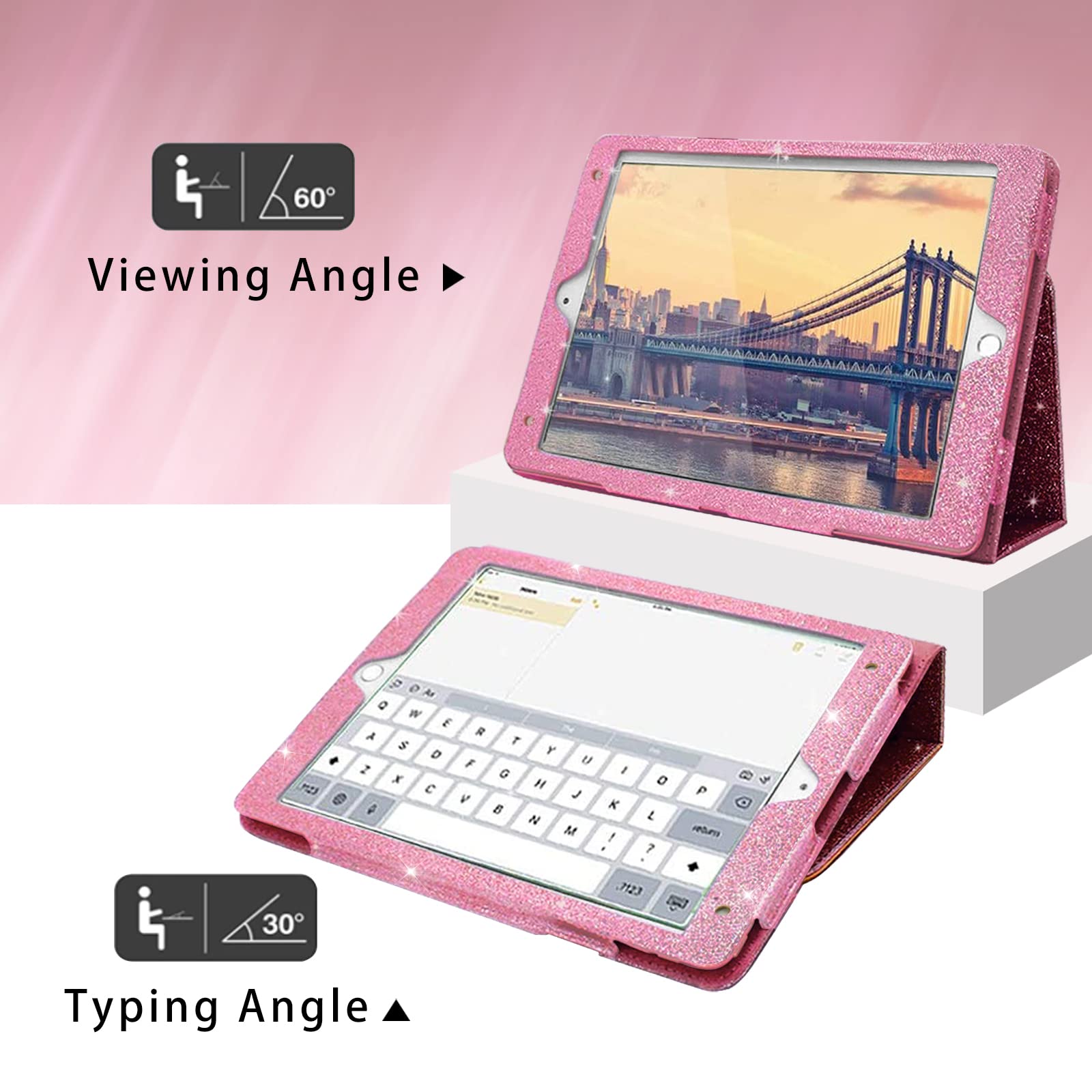 Premium Glitter iPad Case for iPad 9.7 inch (6th/5th Gen, Air/Air 2/Pro 2017-2018) with Pencil Holder & Auto Sleep/Wake - Slim Stand Protective Cover in Pink - Perfect for School, Work & Travel