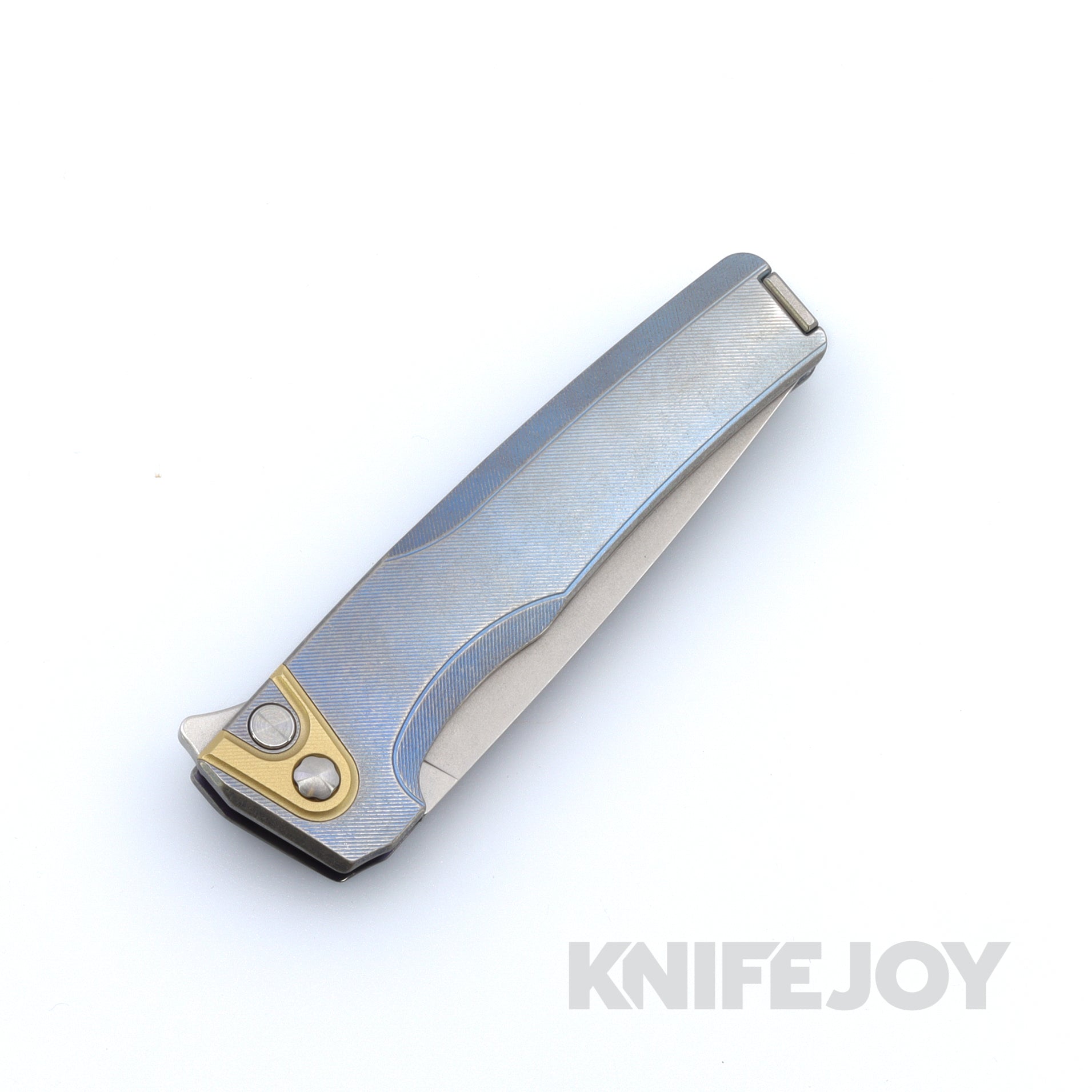 MachineWise Sonora Button Lock Folding Knife - 20CV Steel Blade with Ice Blue Fine Step Texture, Grade 5 Titanium Handles & Brass Bolster | EDC, Outdoor Camping, Survival Tool