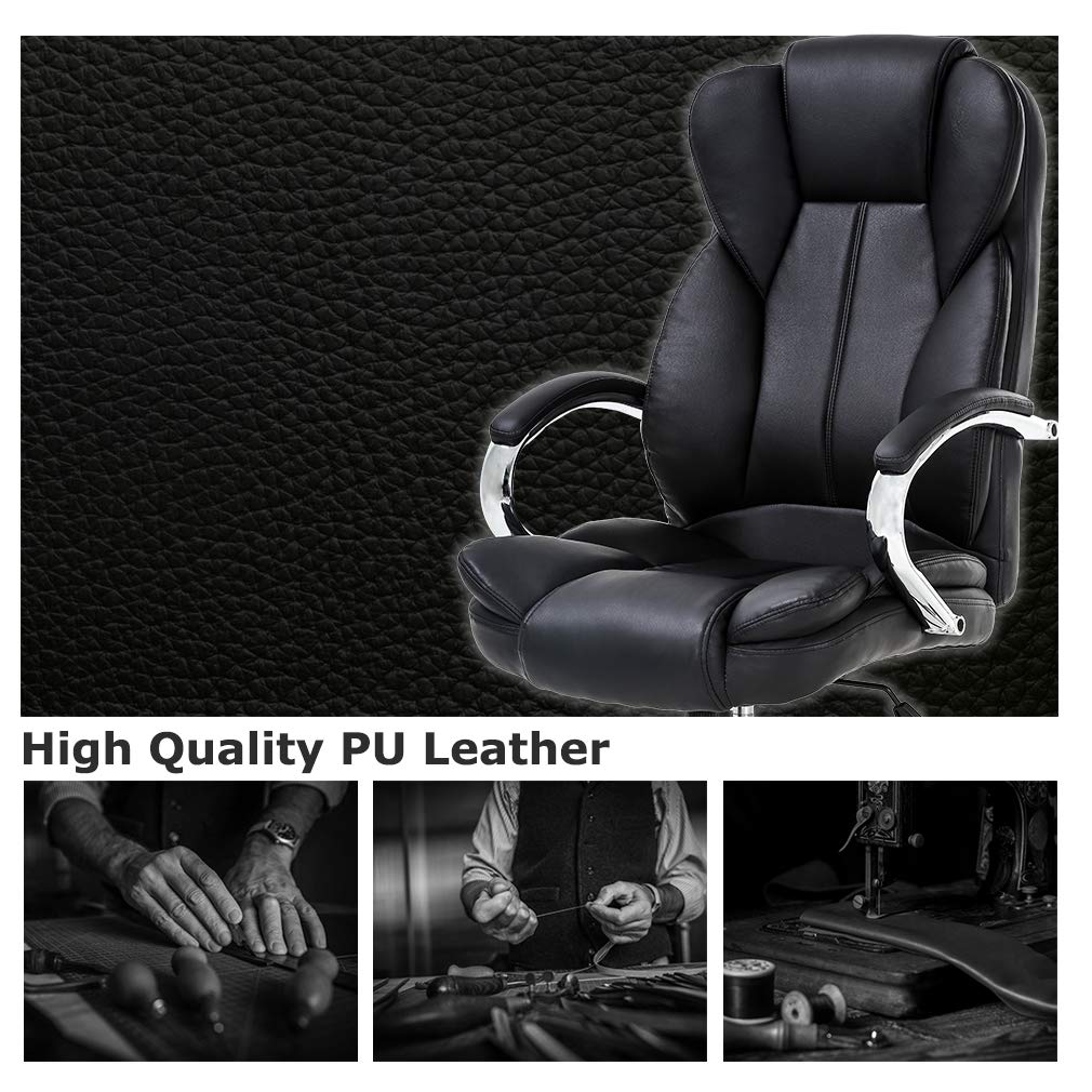 Ergonomic Office Chair - Adjustable High Back PU Leather Executive Desk Chair with Lumbar Support & Rolling Swivel Wheels - Black - Perfect for Home Office, Gaming Setup, and Computer Workstations