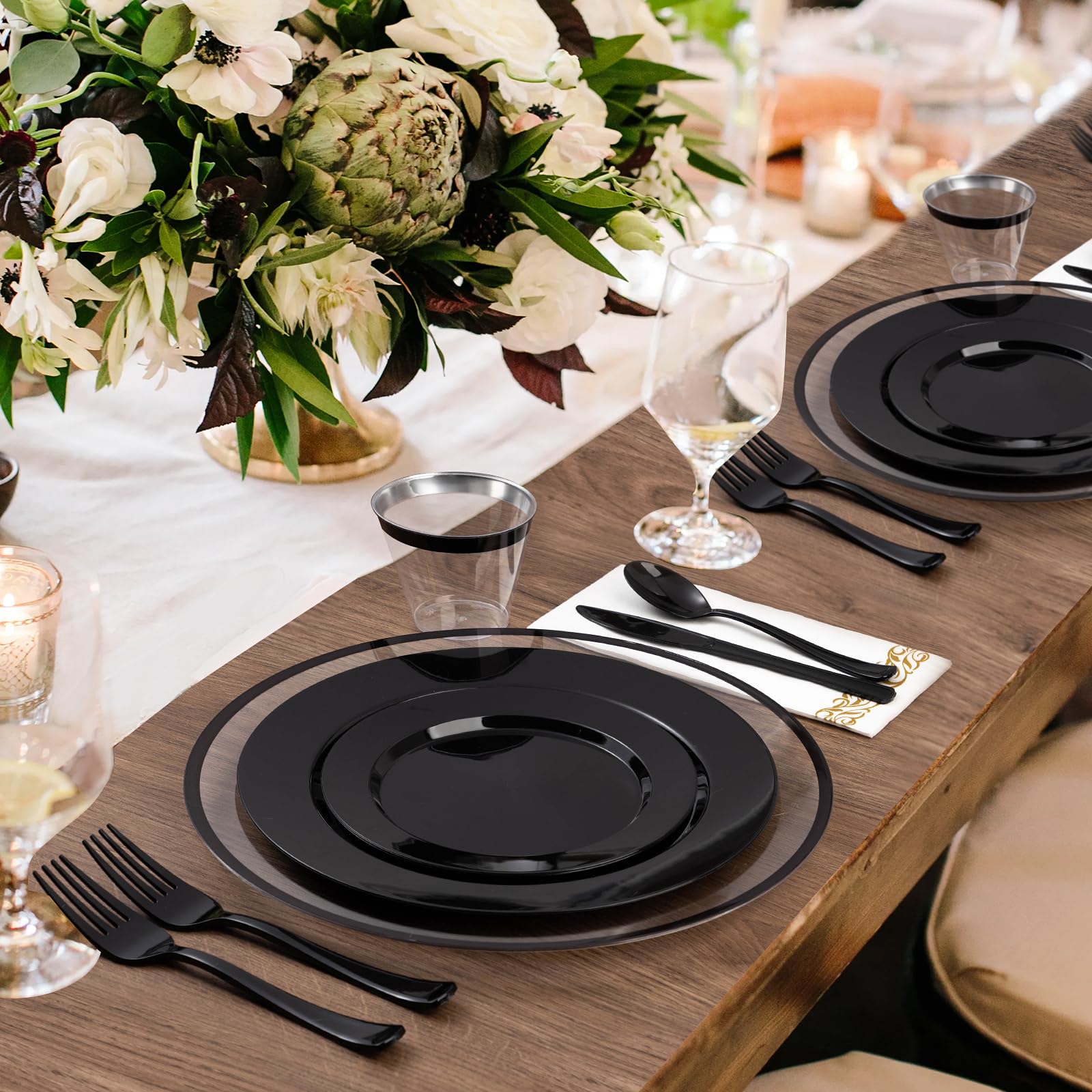 Goodluck 12 Inch Black Charger Plates - 25 Pack Disposable Plastic Dinner Plates with Elegant Black Trim for Weddings, Parties & Holiday Celebrations | Perfect for Formal Dining, Buffets & Special Events