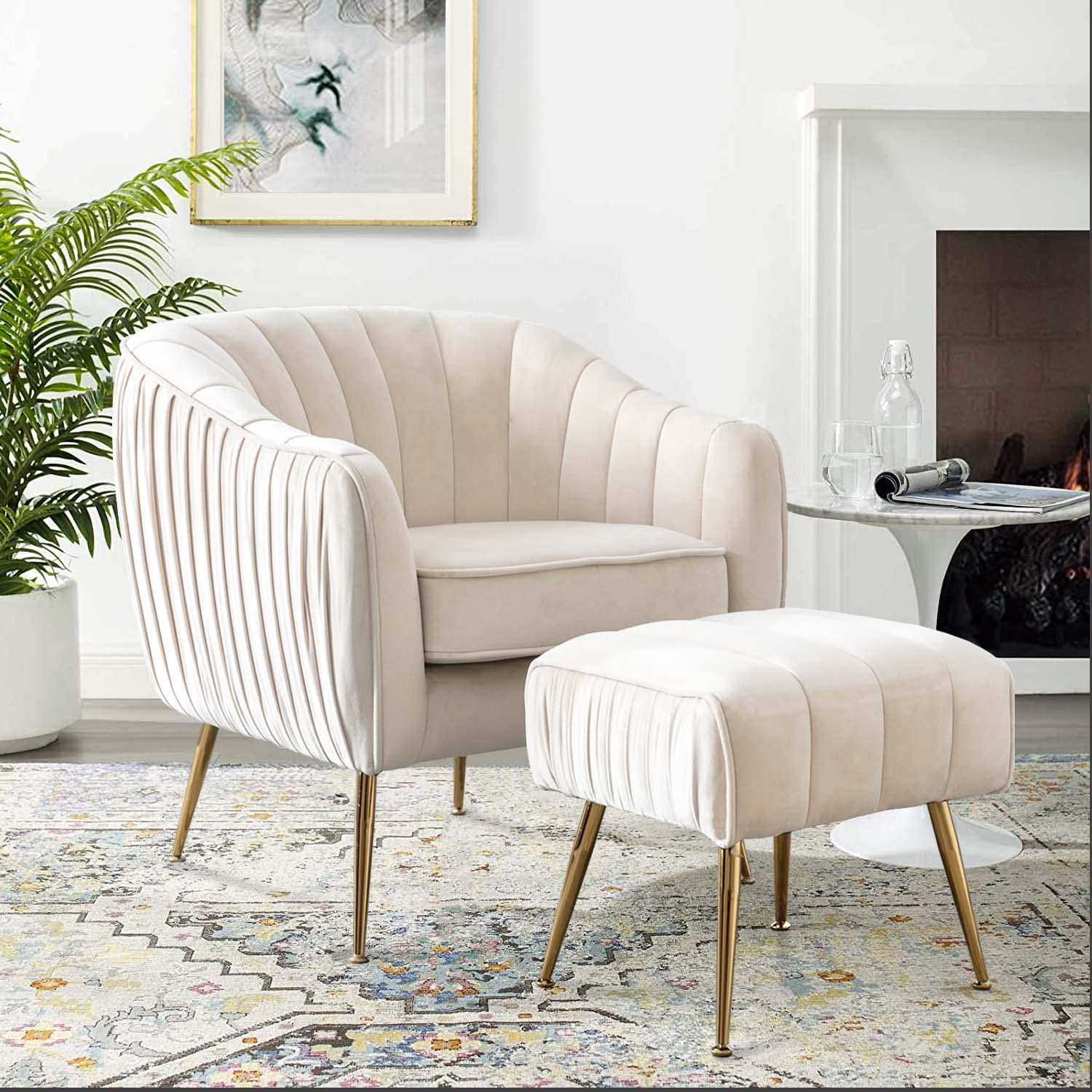 Altrobene Velvet Accent Chair with Ottoman Set - Modern Barrel Armchair & Footstool in Golden Finish Beige - Luxury Living Room & Bedroom Seating for Home Decor