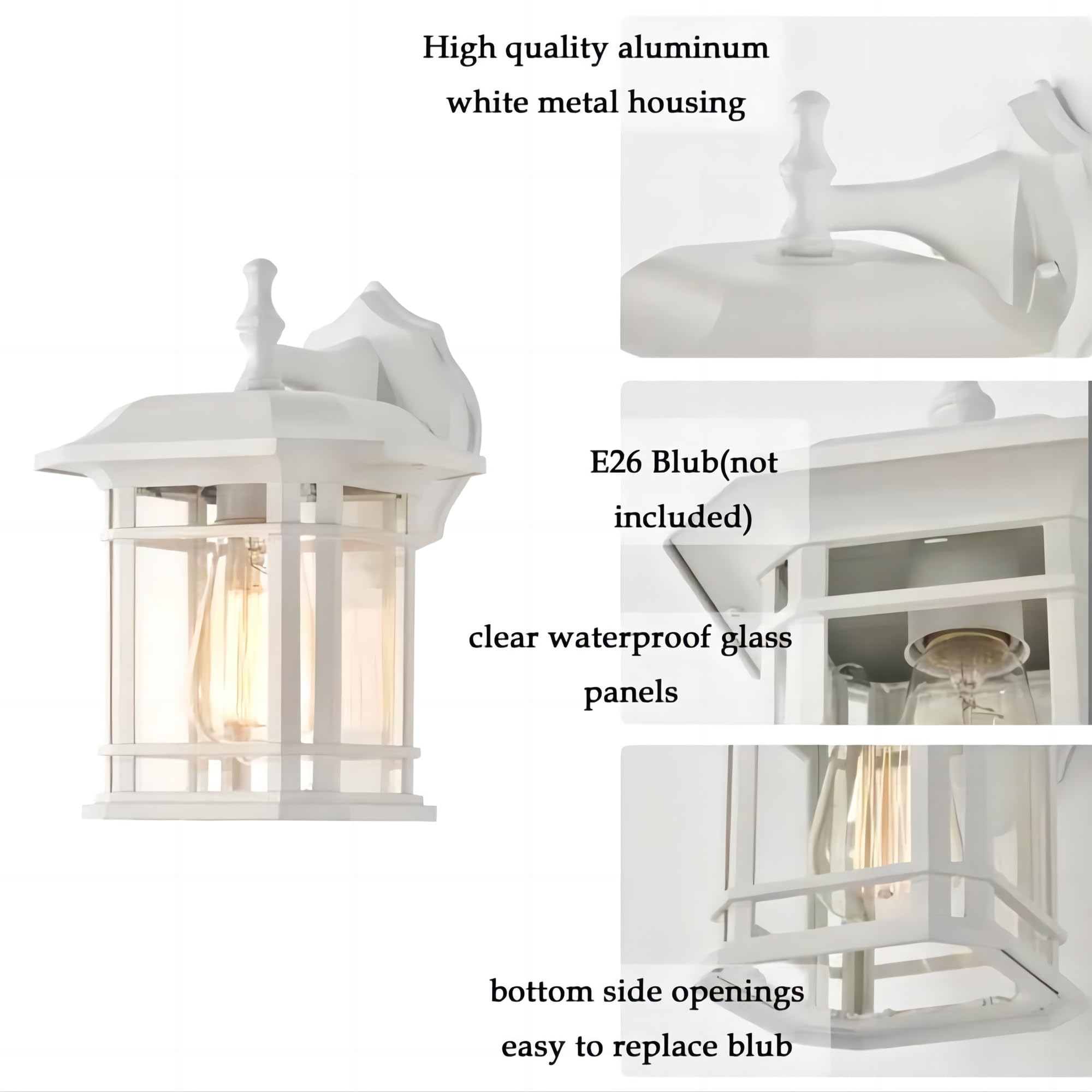 2 Pack Modern Waterproof Outdoor Wall Mount Light Fixtures - White Exterior Wall Lantern with Glass Shade, E26 Base - Perfect for House, Garage, Doorway, Porch, Patio & Garden Lighting