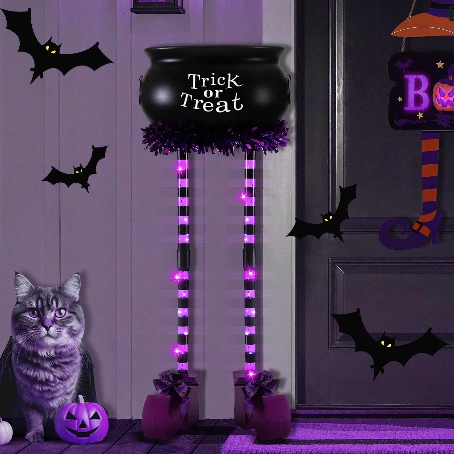 LightsUp Halloween Candy Bowl - Large Witches Cauldron with LED Witch Legs & Timer, 32
