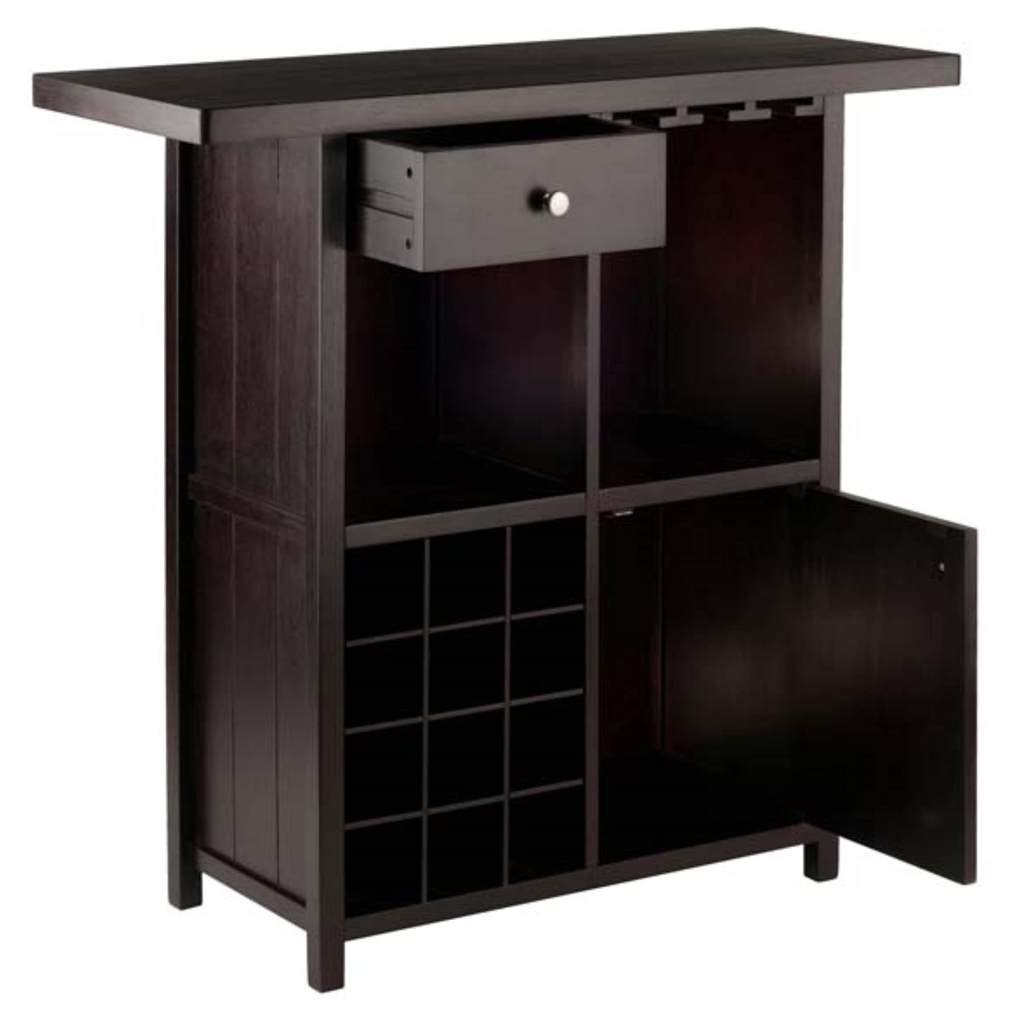 Premium Macon Wine Bar with Espresso Finish - 12 Bottle Capacity, Open Shelves & Cabinet Storage, Stemware Holder - Solid Wood Construction, Easy Assembly - 40