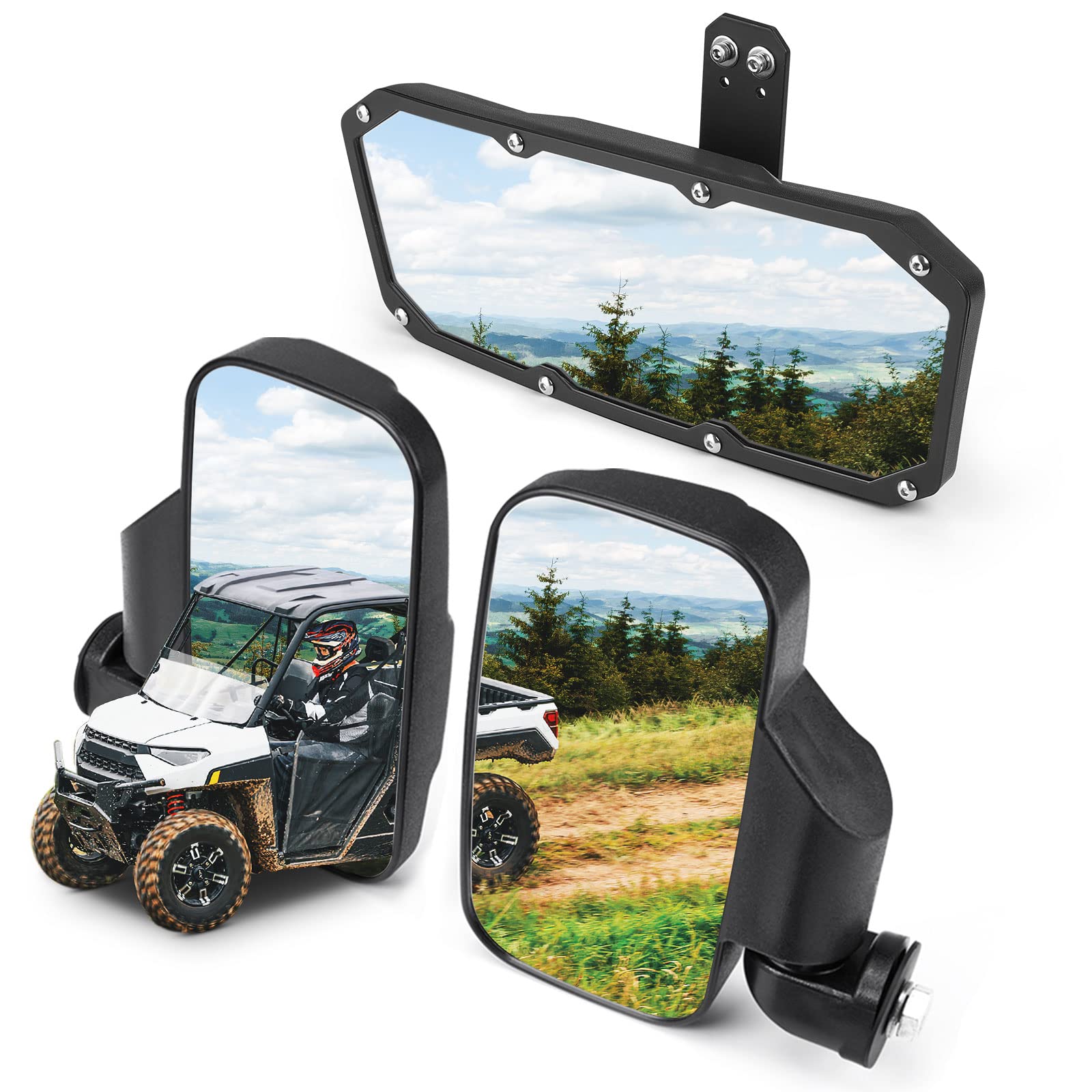 KEMIMOTO UTV Side Mirrors and Center Mirror Set - Compatible with Polaris Ranger 500 570 900 1000 XP - Pro-Fit Profiled Tube Rearview Mirrors for Enhanced Visibility and Safety - Perfect for Off-Roading, Hunting, and Farm Work