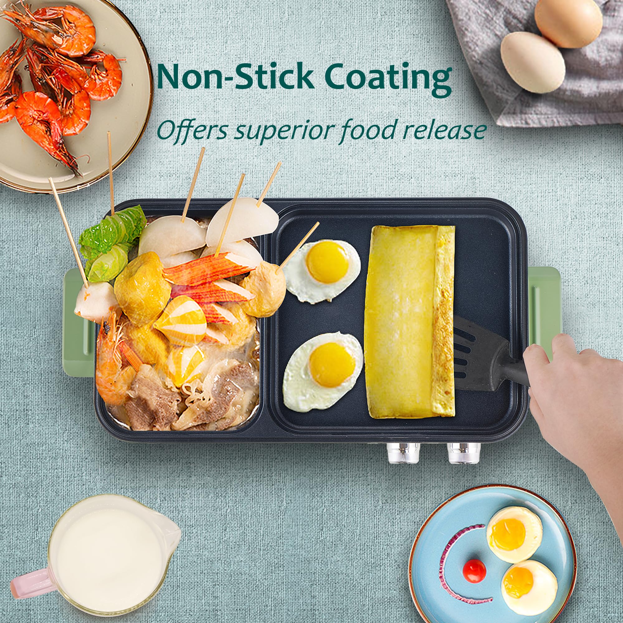 Topwit 2-in-1 Electric Hot Pot & Grill - Non-Stick Indoor Korean BBQ Grill and Shabu Shabu Pot with Dual Temperature Control - Perfect for Steaks, Noodles, and Family Gatherings - Fast Heating & Energy Efficient (Green)