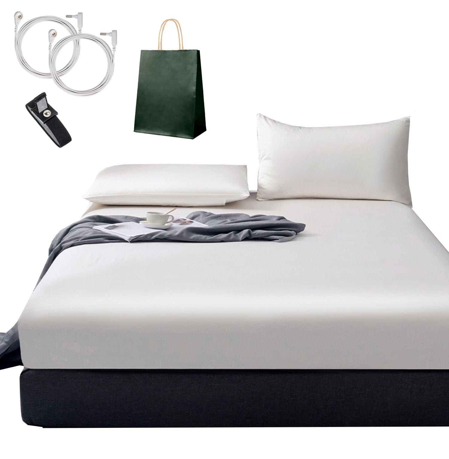 Premium Conductive Grounding Fitted Sheet with Pure Silver Thread - EMF Protection & Earth Energy Therapy - 78x80x13 Inch Beige (Includes Grounding Cords & Bracelet) - Ideal for Better Sleep, Stress Relief & Holistic Wellness