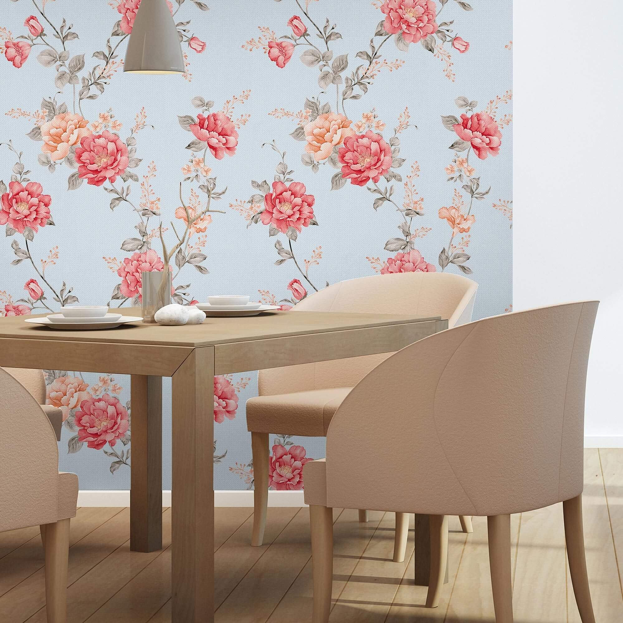 Pink and Blue Textured Floral Peel and Stick Removable Wallpaper - Self-Adhesive Decorative Wall Covering for Bedroom, Nursery, or Home Office Decor