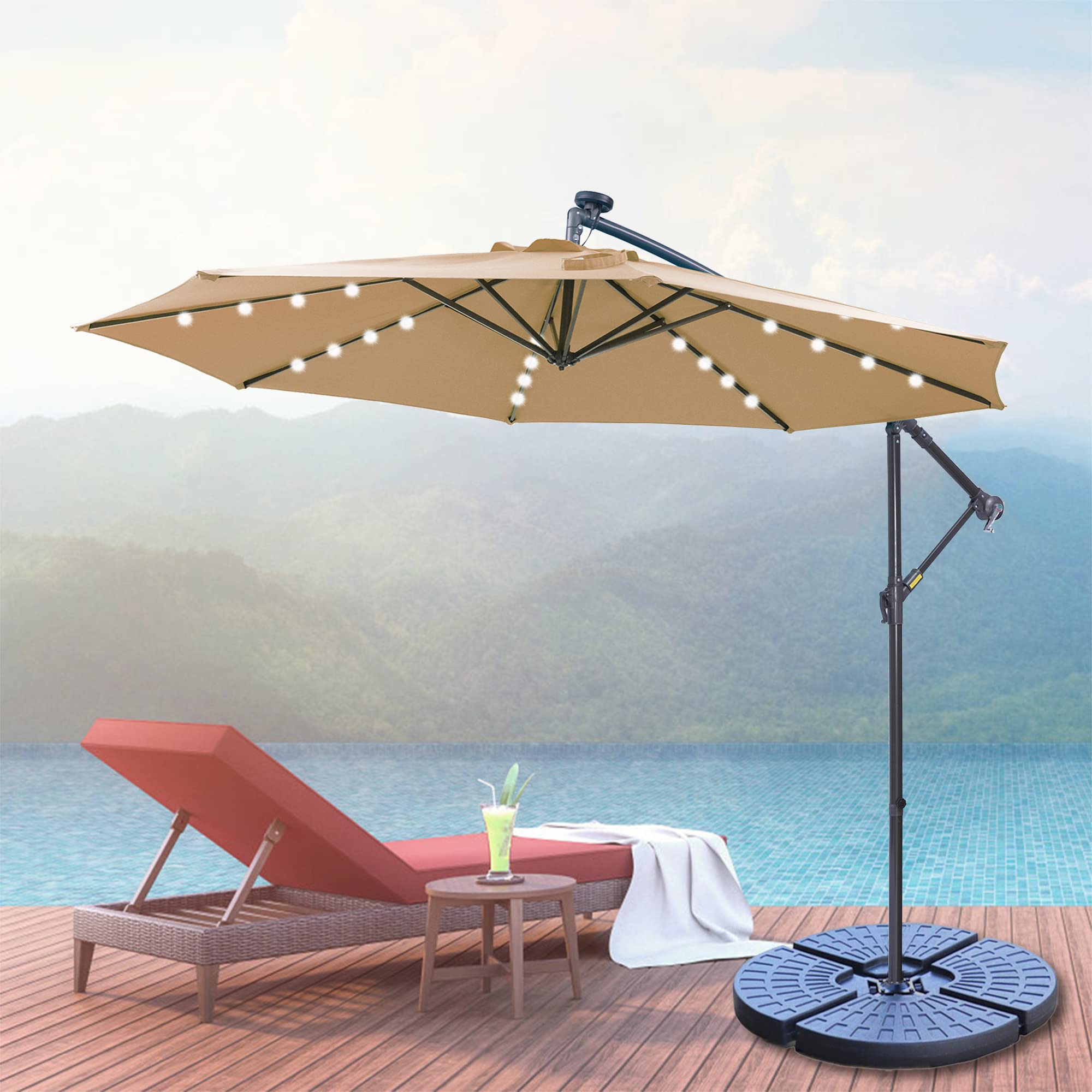 10FT Solar LED Cantilever Umbrella with Cross Base - Outdoor Patio Umbrella with Lights for Garden, Deck, Pool & Backyard - Perfect for Shade & Ambiance at BBQs, Lounging & Outdoor Dining