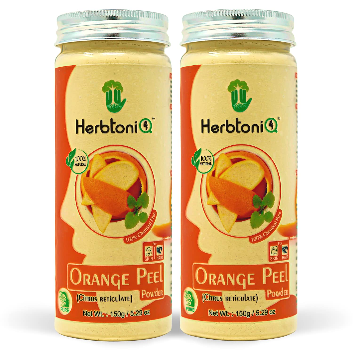 HerbtoniQ 100% Pure Organic Orange Peel Powder (Citrus Reticulata) - 150g for Skin Care & Hair Masks (Pack of 2) | DIY Beauty Recipes, Face Brightening & Scalp Treatment