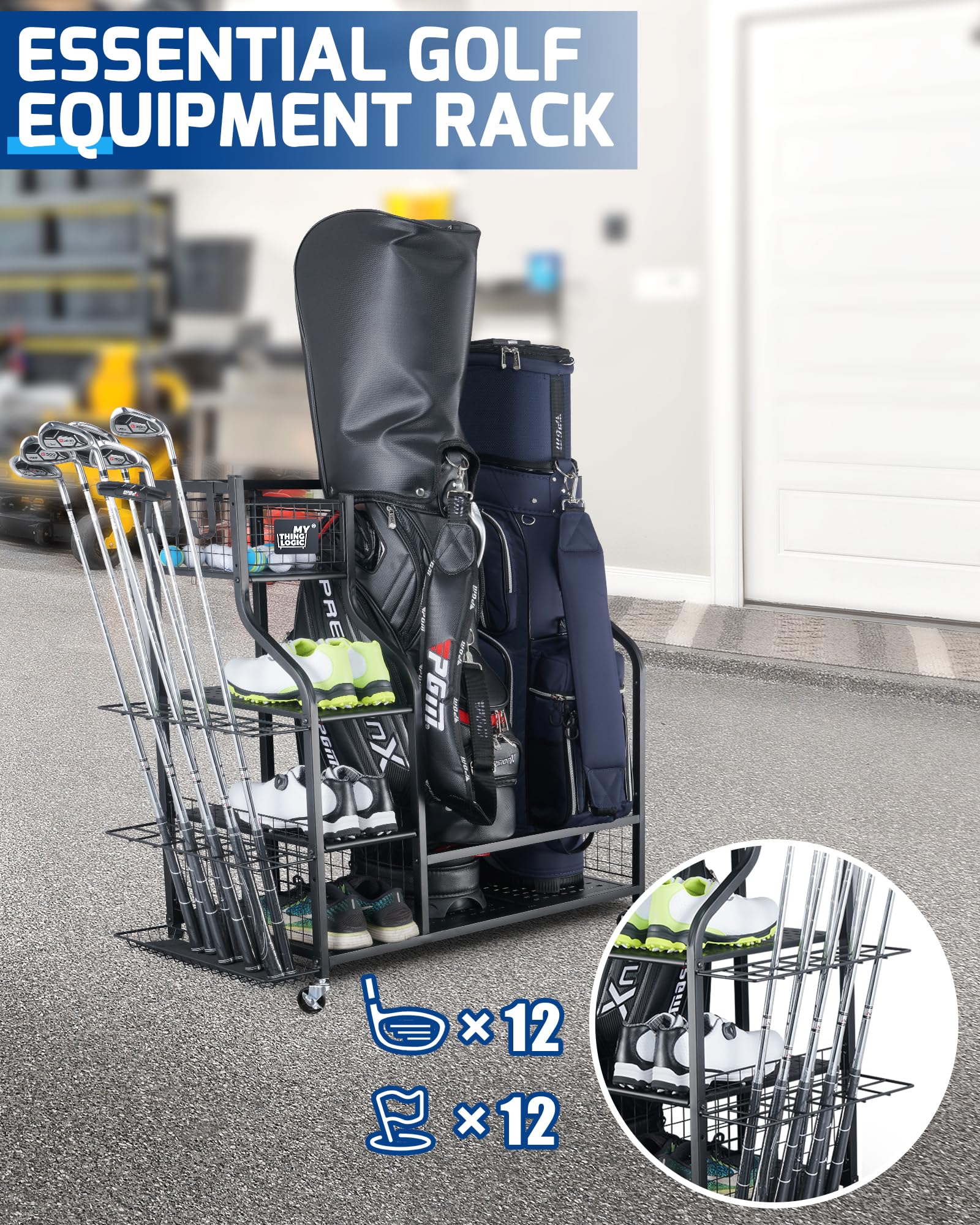 Mythinglogic Golf Bag Storage Stand - Golf Club Organizer Rack for Garage, Golf Equipment Holder with Extra Storage Space | Perfect for Golf Club Organization & Home Garage Storage