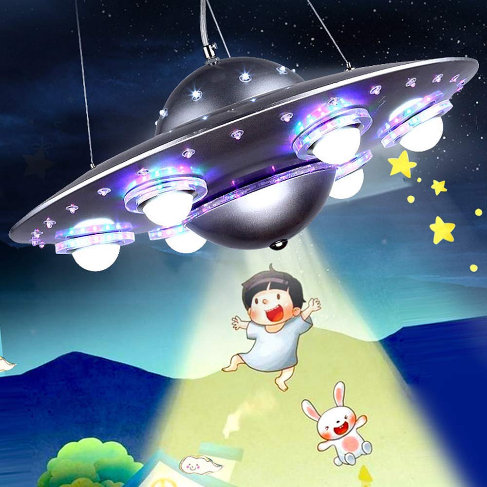 LAKIQ UFO LED Chandelier for Kids Room - 6 Lights Hanging Pendant Light for Bedroom & Nursery (Silver) - Perfect for Boys & Girls Rooms