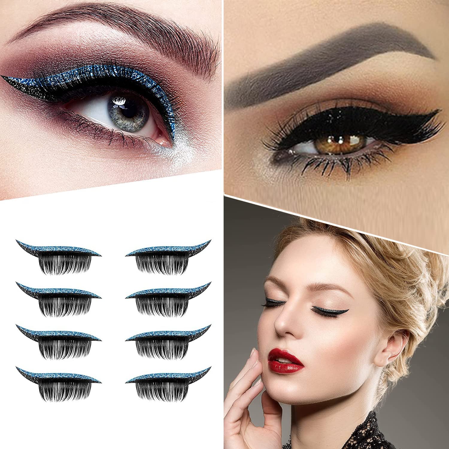 Reusable False Eyelashes & Eyeliner Stickers - Natural Waterproof Makeup Stickers for Women, 4 Pairs (E117, Blue) - Perfect for Parties, Weddings & Daily Glam Looks