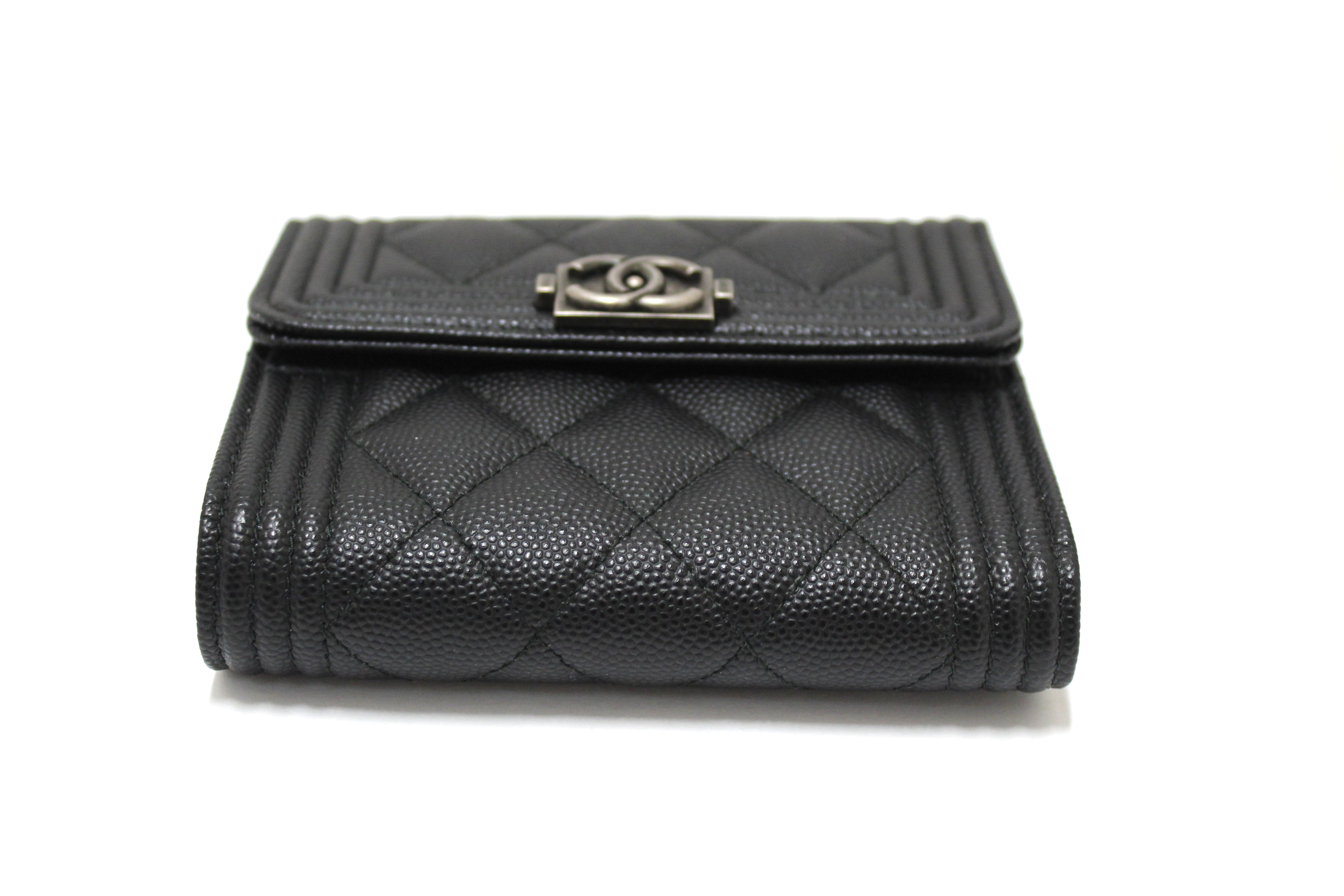 Authentic Chanel Black Quilted Caviar Leather Boy Small Trifold Wallet for Women - Luxury Designer Wallet for Everyday Use, Travel & Special Occasions