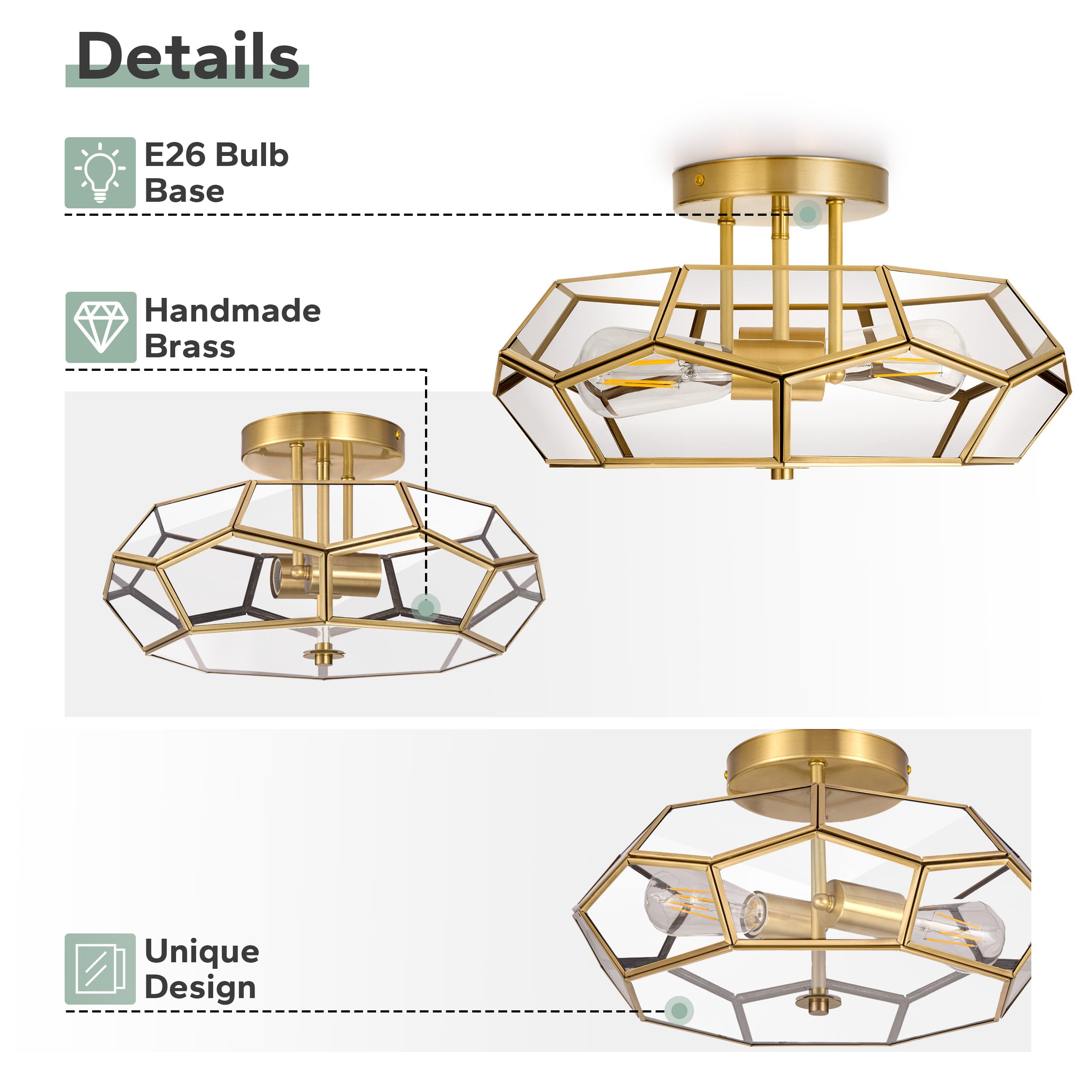 Handcrafted Brass Flush Mount Chandelier - Elegant Copper Ceiling Light Fixture for Bedroom, Living Room & Dining Room | Modern Lighting for Home Decor & Interior Design