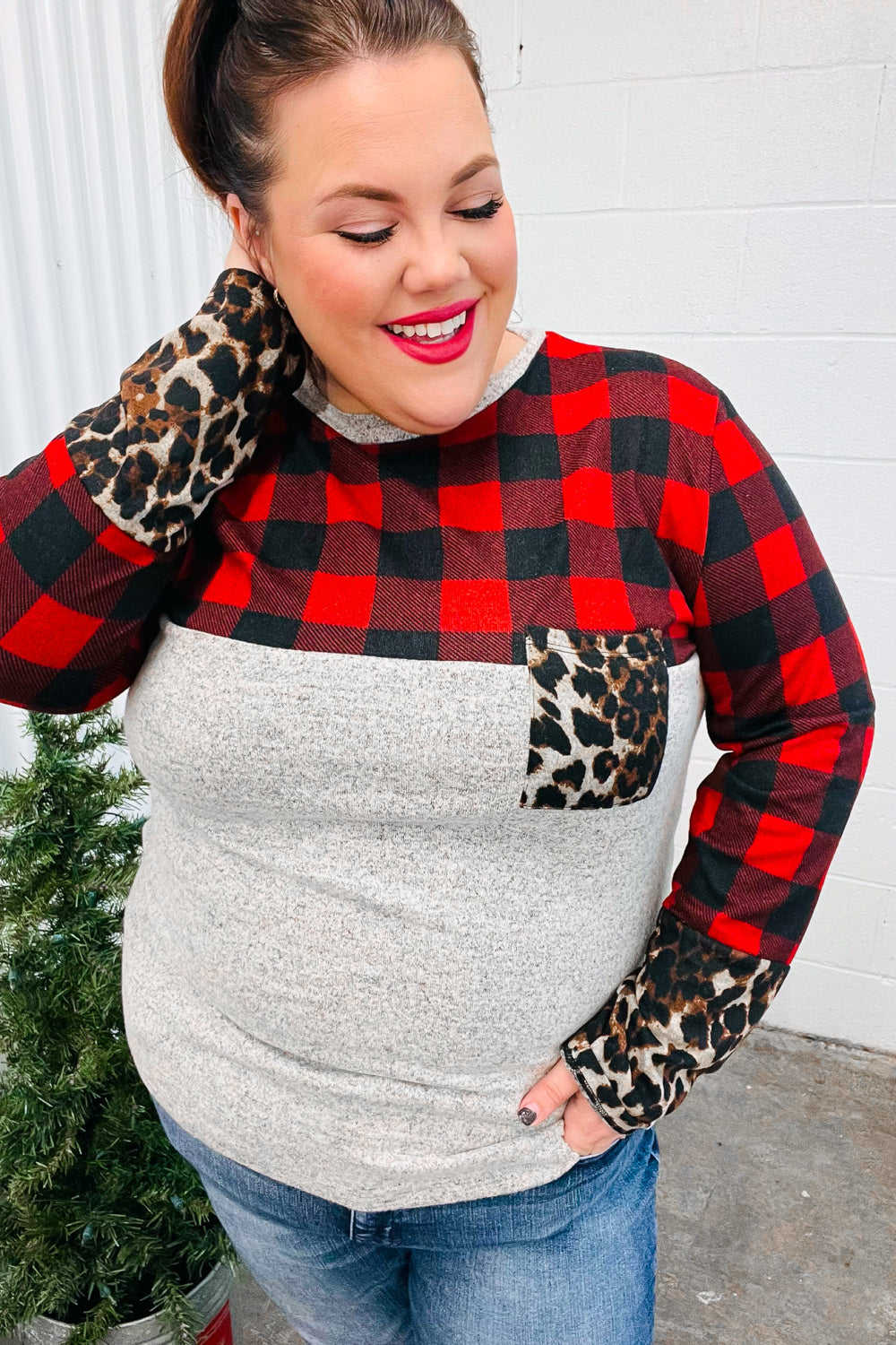Stylish Grey & Red Plaid Animal Print Women's Top with Pockets - Perfect for Casual Outings, Date Nights, and Office Wear
