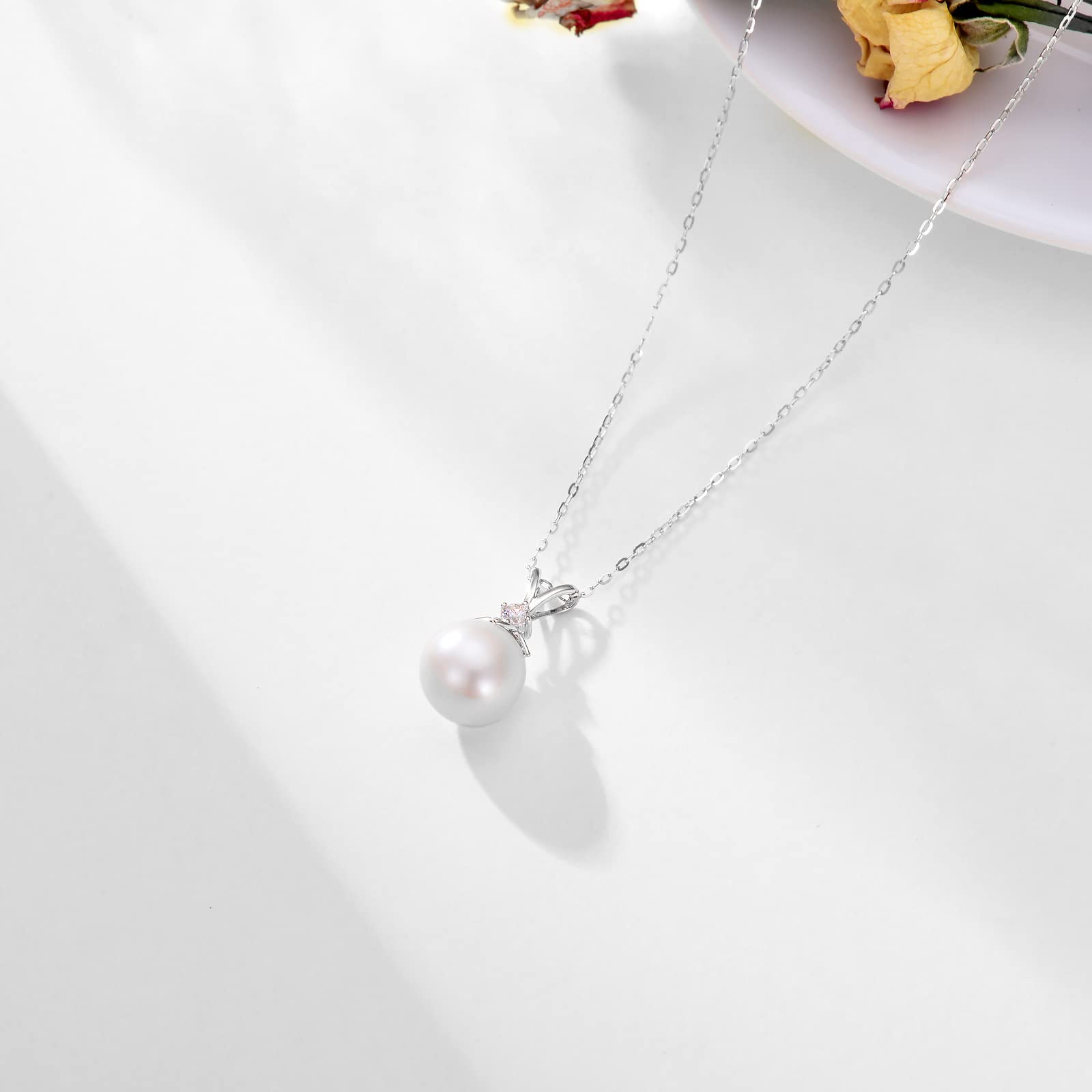 14K Gold Plated Diamond Necklace for Women - Sterling Silver 9mm Freshwater Pearl Pendant Jewelry Gift - Elegant Necklace for Wedding, Anniversary, Birthday & Special Occasions