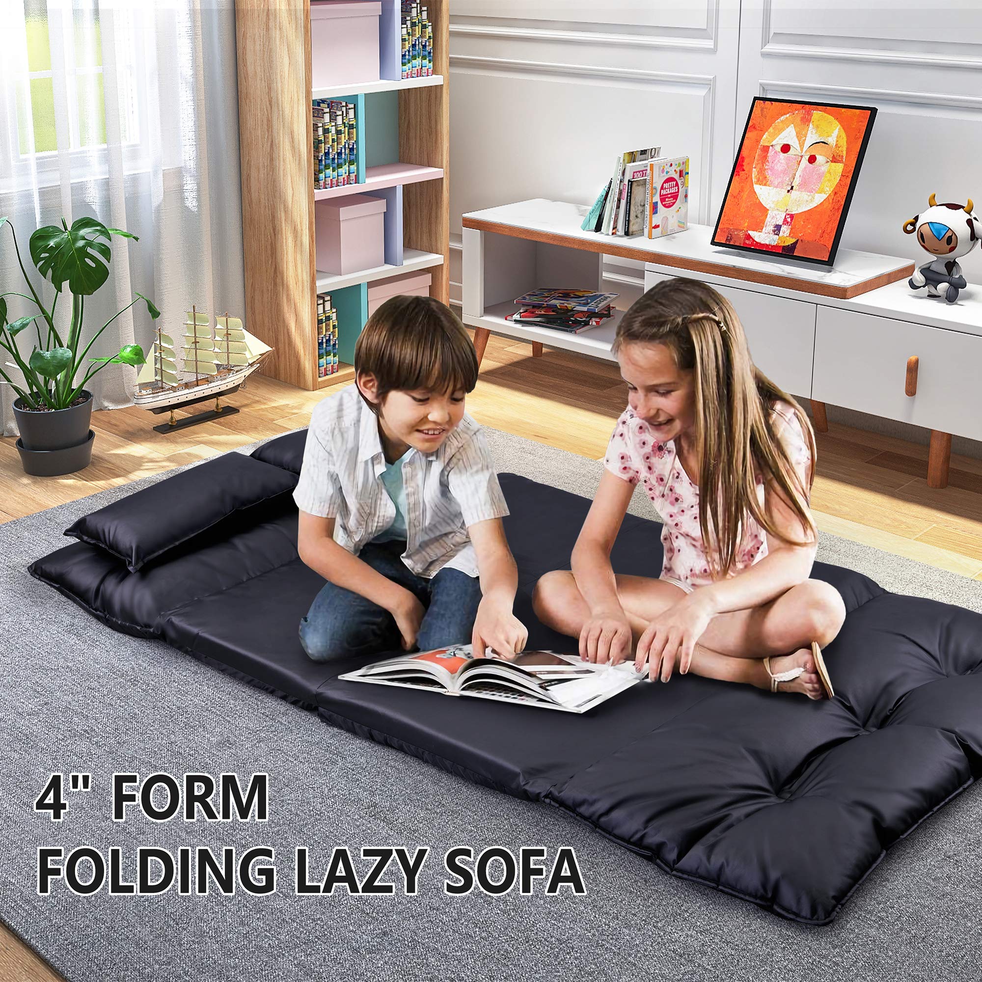 Adjustable Lazy Sofa Bed - Modern PU Leather Floor Sofa for Living Room & Bedroom, Video Gaming Recliner with 2 Pillows (Black) | Perfect for Relaxing, Lounging & Gaming
