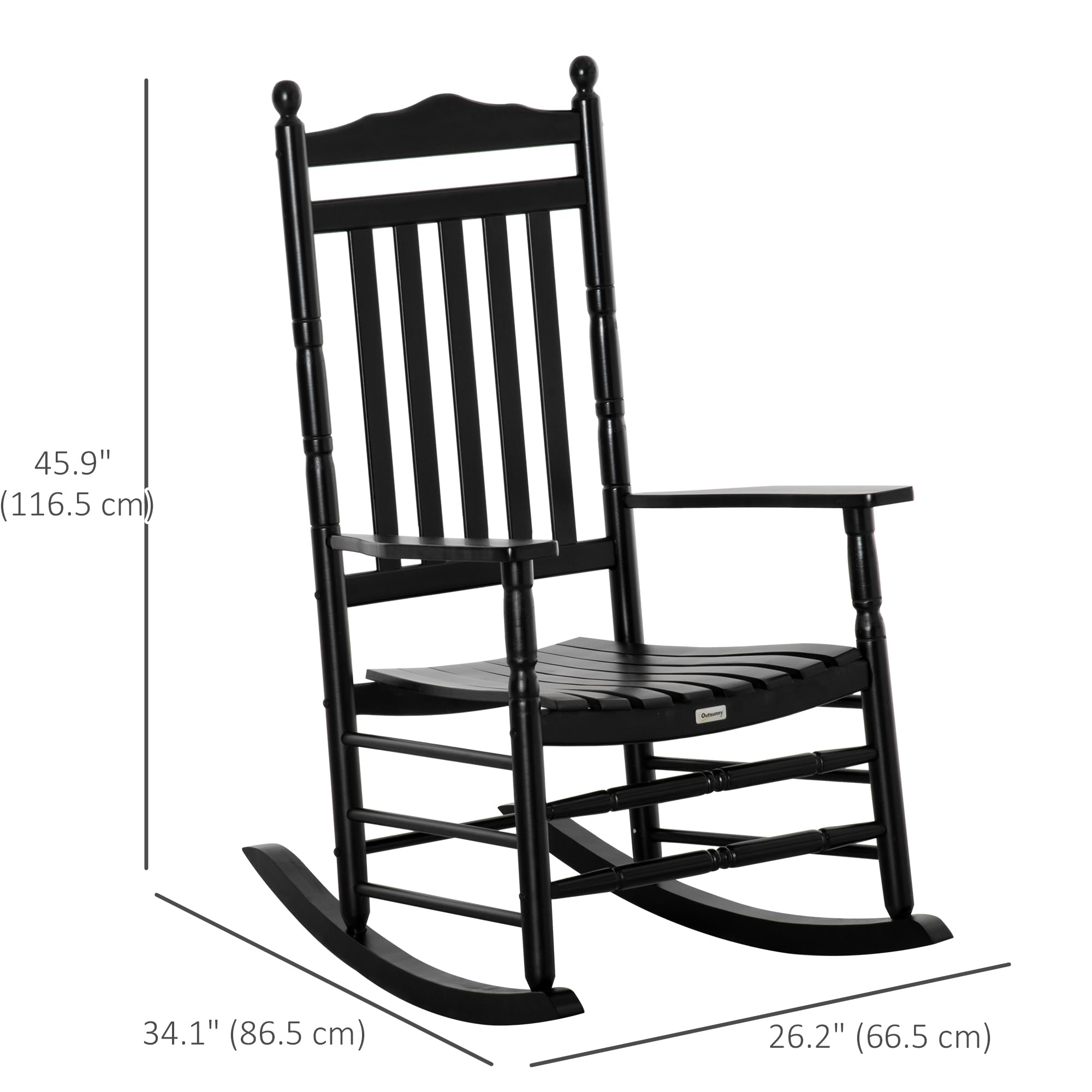 Outsunny Traditional Wooden High-Back Rocking Chair - Black Patio Rocker for Porch, Garden & Living Room - Comfortable Indoor/Outdoor Rocking Chair for Relaxation & Reading