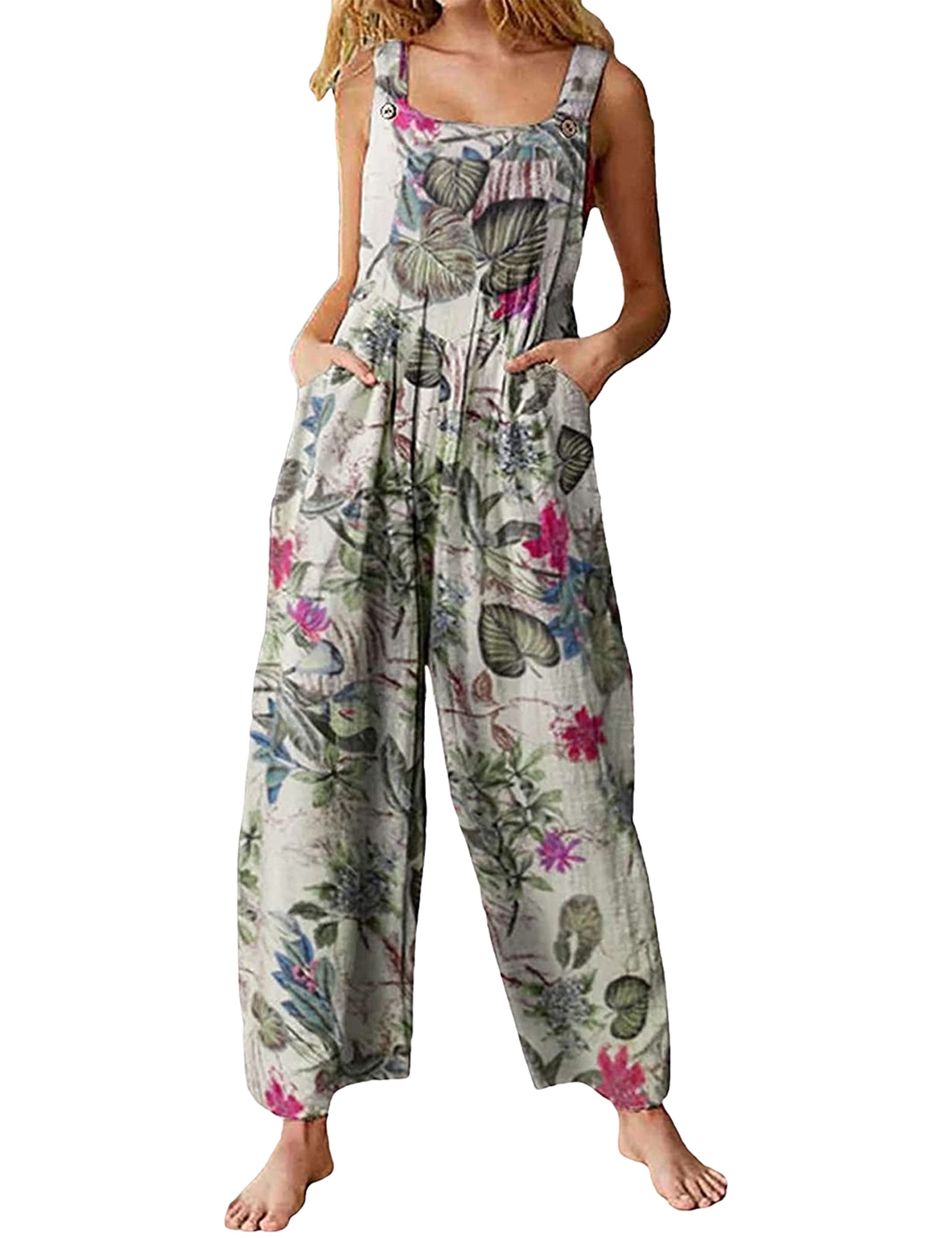 Fiona Jolin Women's Summer Boho Floral Loose Wide Leg Jumpsuit with Pockets - Patchwork Bib Overalls for Casual Outings & Music Festivals