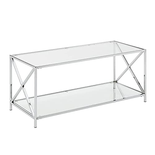 Pemberly Row Chrome Coffee Table with Clear Glass Top - Modern Living Room Centerpiece for Home Decor