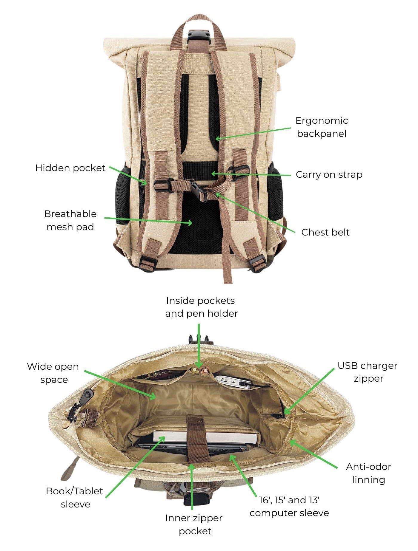 Eco-Friendly Vegan Hemp Backpack for Women & Men - Lightweight Beige & Red Casual Daypack for College, Travel, Hiking & Everyday Use
