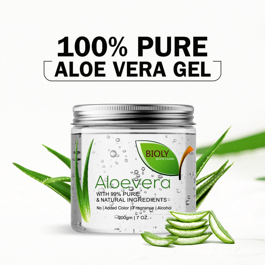 BIOLY WHITE CHARM Pure Aloe Vera Gel with Vitamin E for Face, Skin & Hair Care - Transparent Hydrating Gel (2-Pack) | Soothes Sunburn, Moisturizes Dry Skin & Conditions Hair