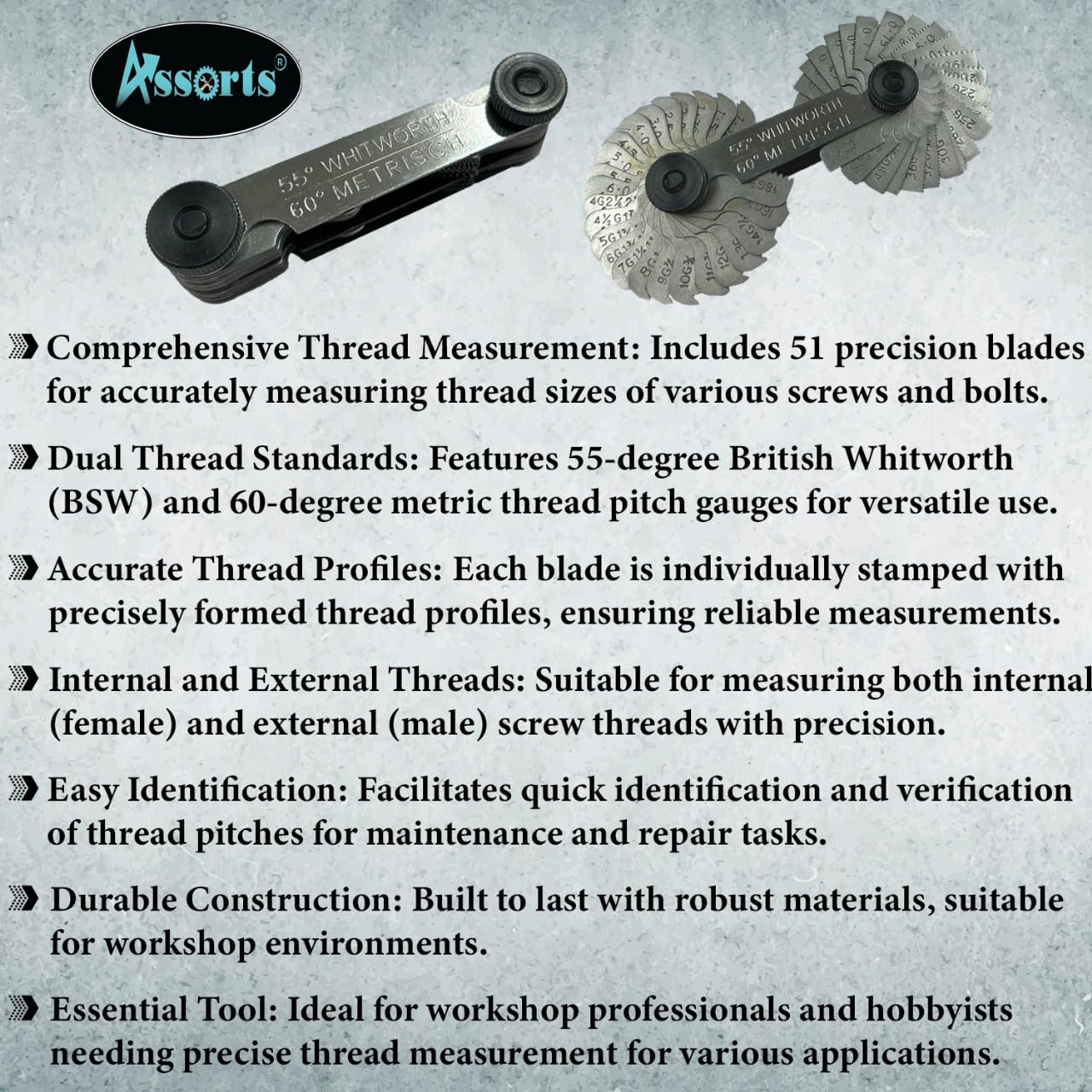 British Whitworth BSW & Metric Screw Thread Gauge - 51 Blades Precision Measuring Tool for Bolts, Nuts, and Fasteners | Ideal for DIY, Automotive, and Industrial Applications