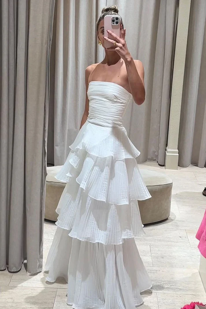 Elegant White A-Line Tiered Prom Dress for Birthday Party & Evening Events - J6596 | Perfect for Homecoming, Formal Dances & Special Occasions