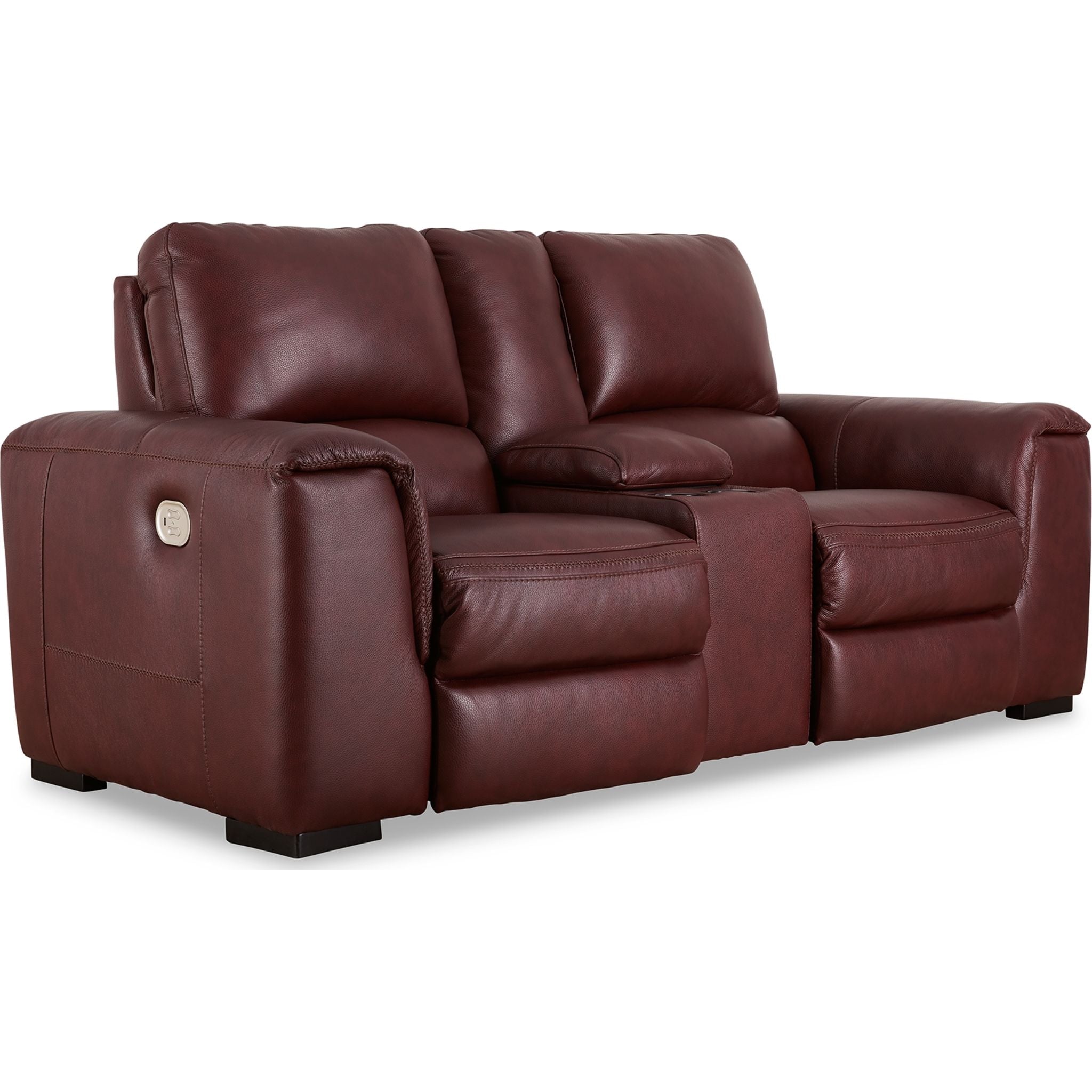 Alessandro Power Reclining Loveseat with Console in Garnet Red - Modern Leather Recliner Sofa for Living Room, Home Theater & Relaxation