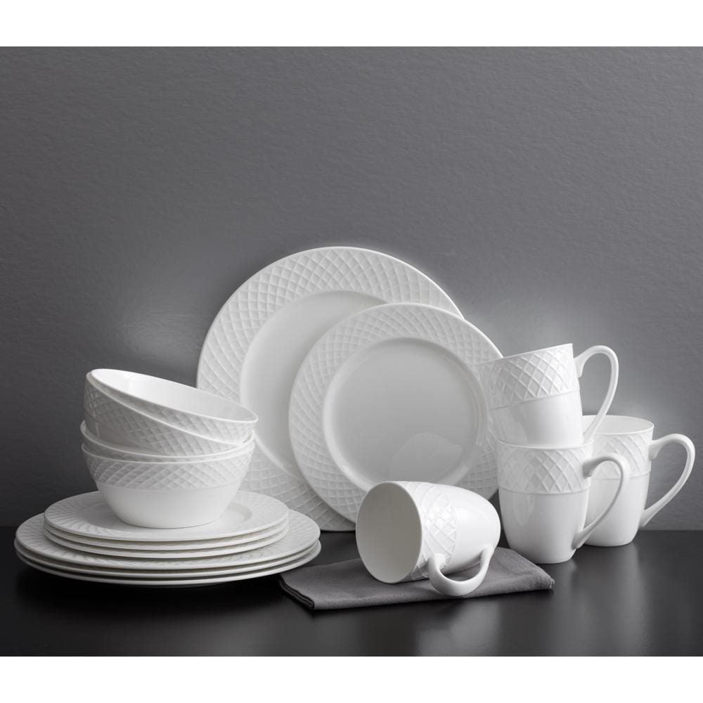 16-Piece White Trellis Dinnerware Set - Porcelain Plates, Bowls & Mugs for Everyday Dining, Entertaining & Special Occasions