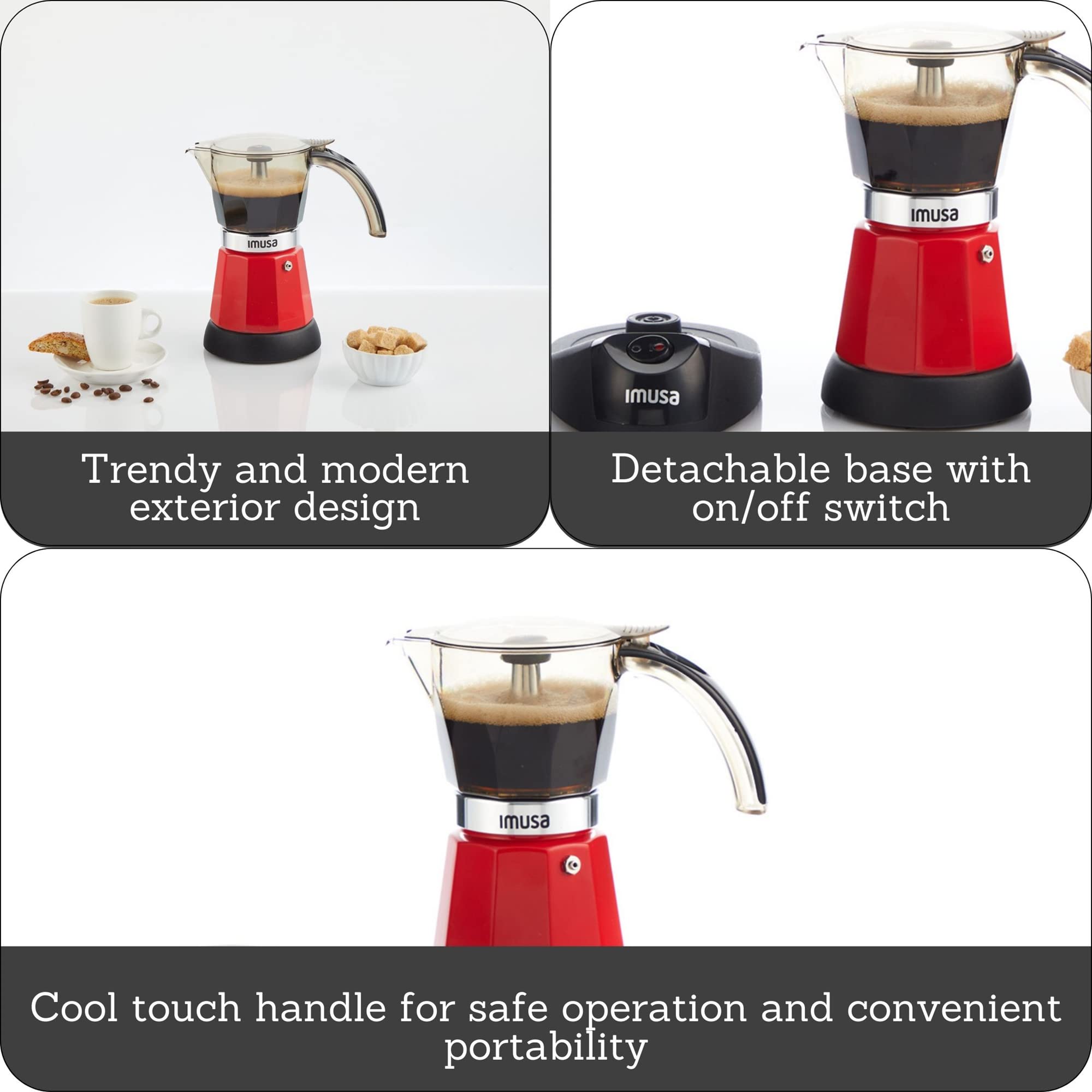 IMUSA 6-Cup or 3-Cup Electric Espresso Coffee Maker Machine, Stainless Steel with Red Finish - Perfect for Home, Office, or Small Kitchen Use