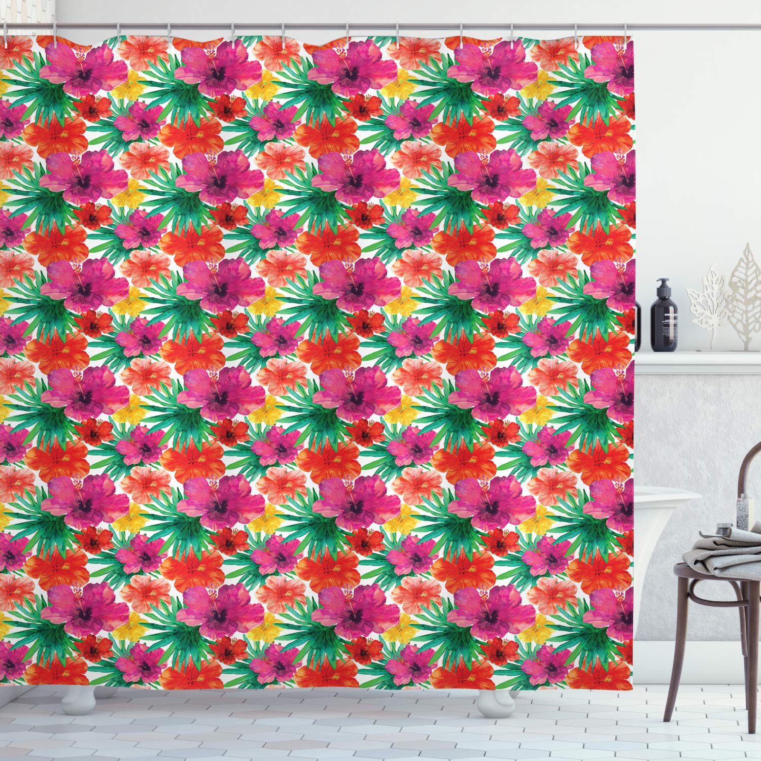 Ambesonne Colorful Tropical Forest Shower Curtain - Watercolor Foliage Design Bathroom Decor with Hooks, 69x70 Inch, Multicolor - Perfect for Beach House, Boho & Jungle Theme Bathrooms