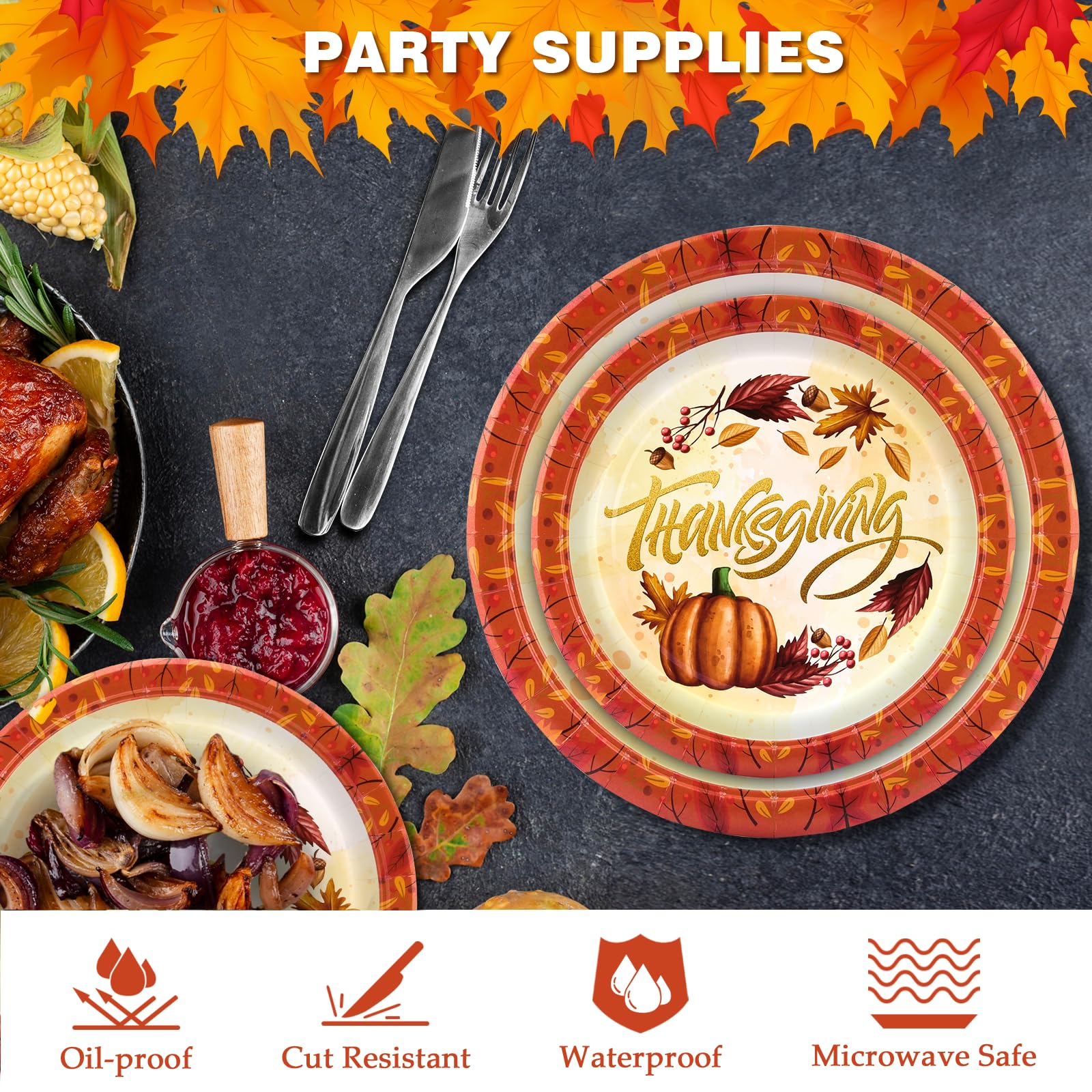 EPHYO 50-Pack Thanksgiving Paper Plates 7in & 10in - Fall Disposable Plates with Leaves & Pumpkin Design, Autumn Harvest Compostable Dinnerware for Dessert, Appetizer, Cake & Party Supplies | Perfect for Thanksgiving Dinner, Family Gatherings & Holiday Celebrations