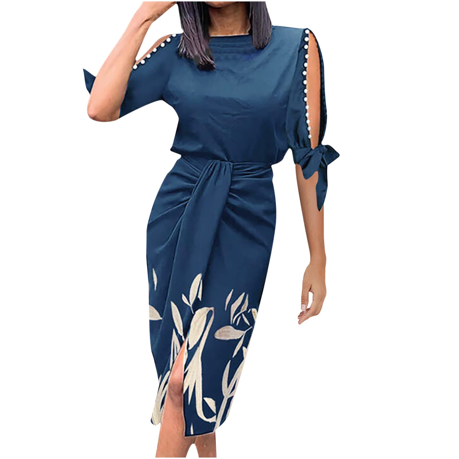 Jsarle Women's Sexy Off-Shoulder Hollow Out Bow Sleeve Tie Waist Midi Dress - Wedding Guest, Cocktail Party & Special Occasion Plus Size Dress