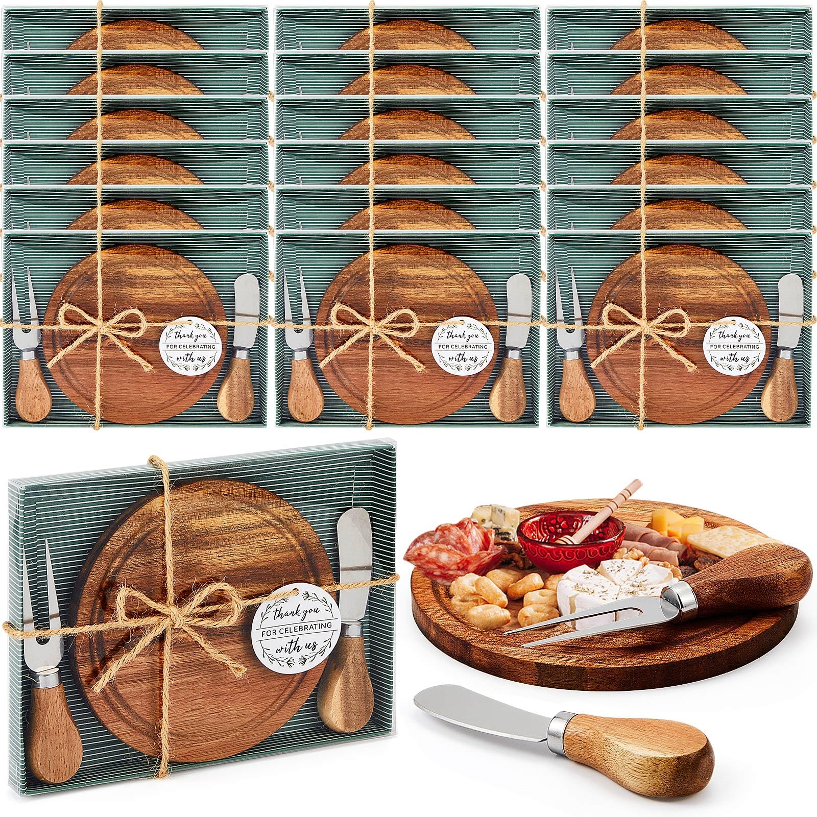 18-Piece Acacia Wood Mini Charcuterie Board Set with Knives & Forks - Bridal Shower, Baby Shower Party Favors - Includes Thank You Tags & Gift Box - Perfect for Wedding Guest Gifts, Cheese & Charcuterie Serving