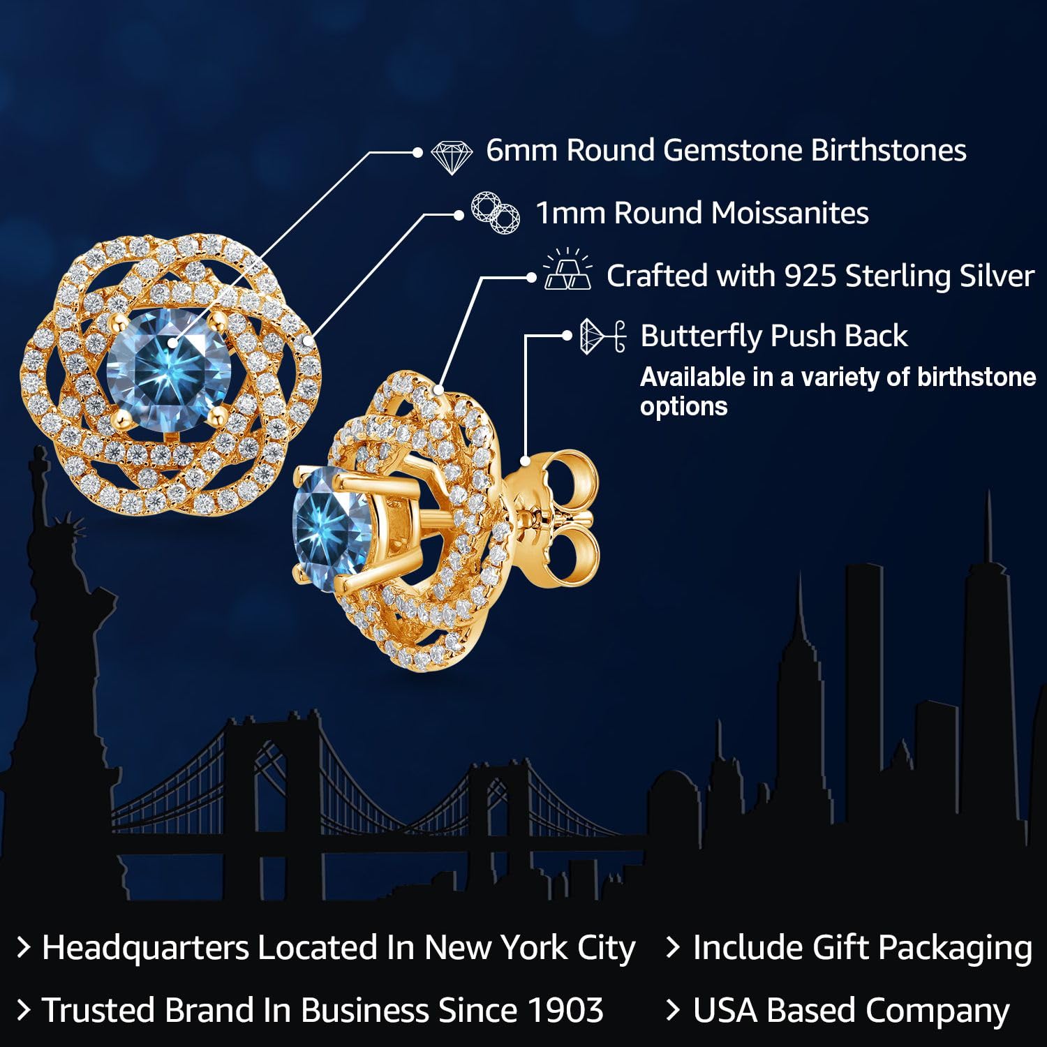 18K Gold Plated Silver Round 6MM Birthstone Stud Earrings with White Moissanite - Gem Stone King | Women's Fashion Jewelry for Everyday Wear & Special Occasions