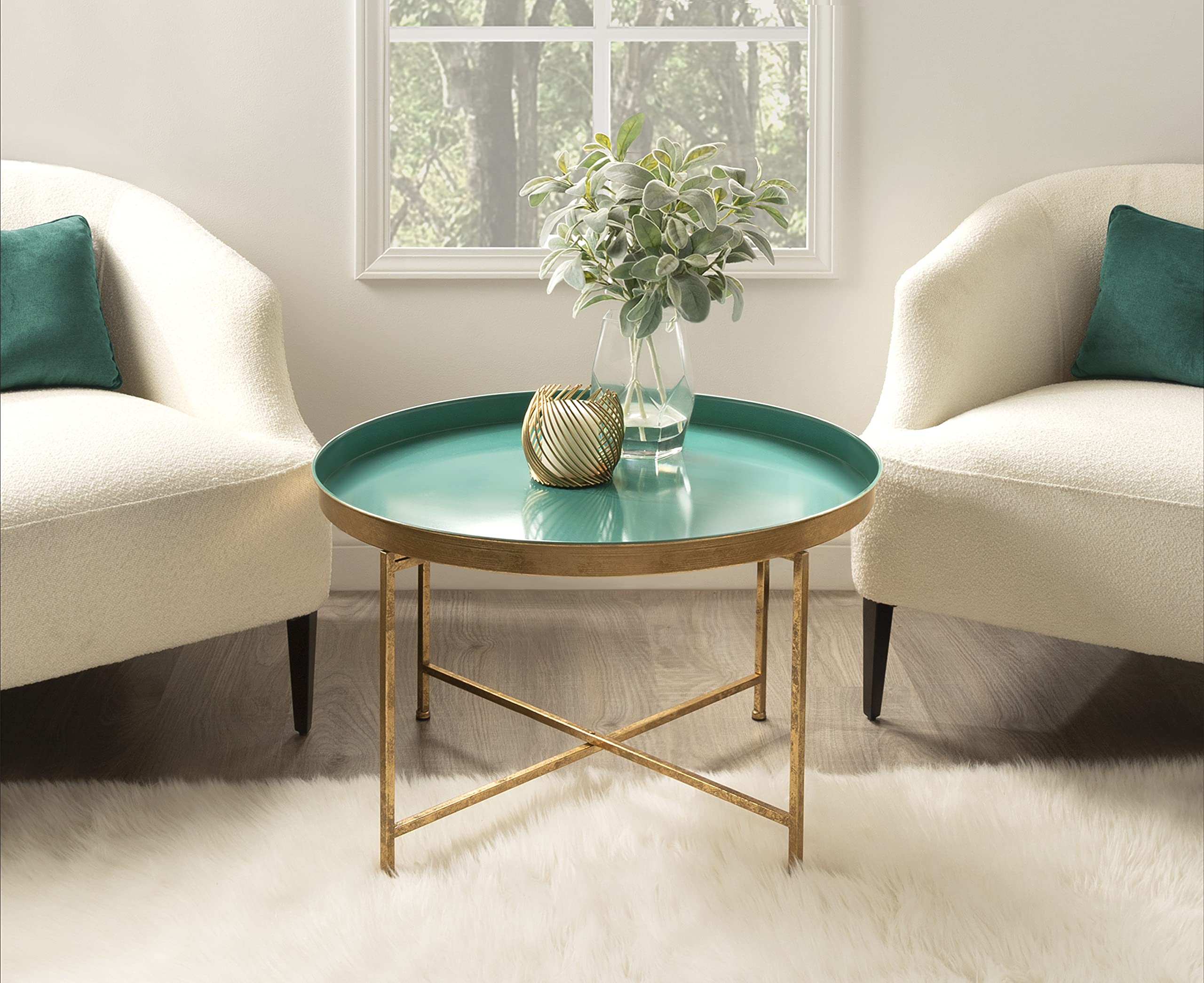 Kate and Laurel Celia Modern Coffee Table - 28 x 28 x 19 Inches, Teal and Gold Glamorous Folding Metal Table with Storage Shelf | Perfect for Living Room, Lounge & Small Space Decor
